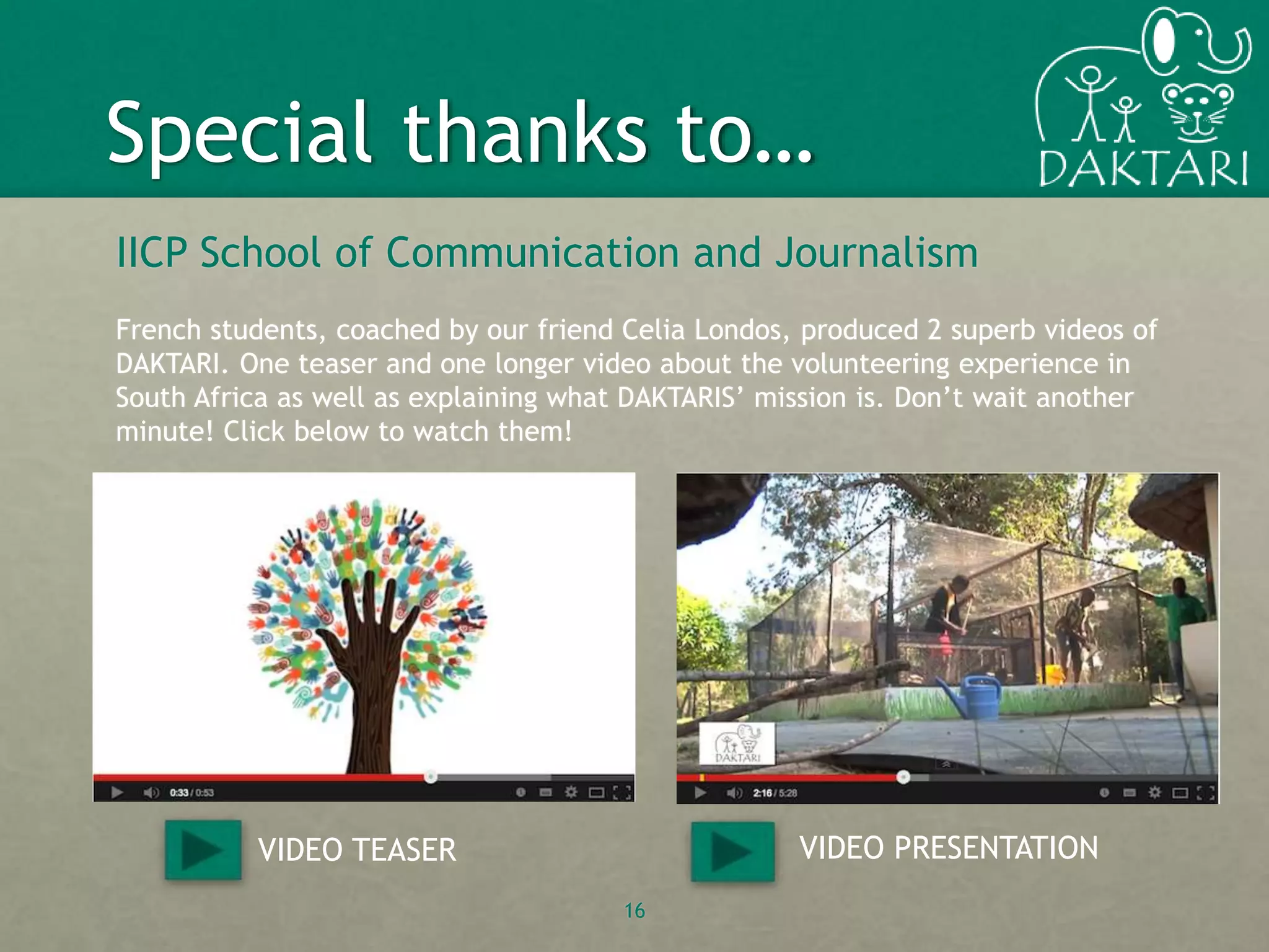 16
IICP School of Communication and Journalism
French students, coached by our friend Celia Londos, produced 2 superb videos of
DAKTARI. One teaser and one longer video about the volunteering experience in
South Africa as well as explaining what DAKTARIS’ mission is. Don’t wait another
minute! Click below to watch them!
Special thanks to…
VIDEO TEASER VIDEO PRESENTATION
 