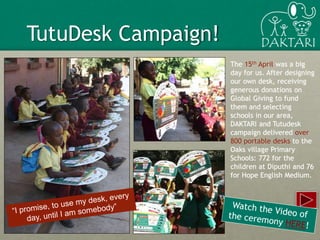 2
The 15th April was a big
day for us. After designing
our own desk, receiving
generous donations on
Global Giving to fund
them and selecting
schools in our area,
DAKTARI and Tutudesk
campaign delivered over
800 portable desks to the
Oaks village Primary
Schools: 772 for the
children at Diputhi and 76
for Hope English Medium.
TutuDesk Campaign!
 