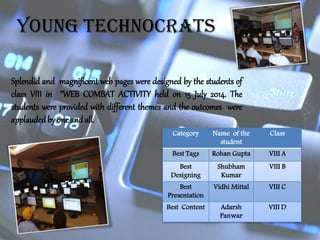 YOUNG TECHNOCRATS 
Category 
Name of the student 
Class 
Best Tags 
RohanGupta 
VIII A 
Best Designing 
ShubhamKumar 
VIII B 
BestPresentation 
VidhiMittal 
VIII C 
Best Content 
AdarshPanwar 
VIII D 
SplendidandmagnificentwebpagesweredesignedbythestudentsofclassVIIIin“WEBCOMBATACTIVITYheldon15July2014.Thestudentswereprovidedwithdifferentthemesandtheoutcomeswereapplaudedbyoneandall.  