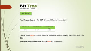 GST FILING
Biztree BREW
JULY Is due date to e file GST ( for April till June transaction )
FILING DUE DATE PAYMENT DUE DATE PAYMENT WITH GIRO
PLAN
31 JULY 31 JULY 15 AUGUST
Please email here if extension of time needed at least 3 working days before the due
date
Not sure applicable to you ? Click here for more detail.
 