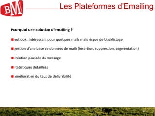 22
Les Plateformes d’Emailing
22
Pourquoi une solution d’emailing ?
outlook : intéressant pour quelques mails mais risque de blacklistage
gestion d’une base de données de mails (insertion, suppression, segmentation)
création poussée du message
statistiques détaillées
amélioration du taux de délivrabilité
 