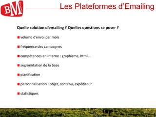 23
Les Plateformes d’Emailing
23
Quelle solution d’emailing ? Quelles questions se poser ?
volume d’envoi par mois
fréquence des campagnes
compétences en interne : graphisme, html…
segmentation de la base
planification
personnalisation : objet, contenu, expéditeur
statistiques
 