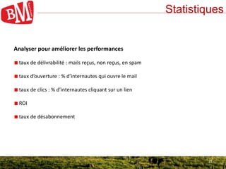 21
Statistiques
21
Analyser pour améliorer les performances
taux de délivrabilité : mails reçus, non reçus, en spam
taux d...