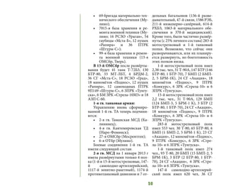 50
•	 69 бригада материально-тех-
нического обеспечения (Му-
лино);
•	 7015-я база хранения и ре-
монта военной техники (Му-
лино; 16 РСЗО «Ураган», 54
гаубицы «Мста-Б», 12 пушек
«Рапира» и 36 ПТРК
«Штурм-С»);
•	 99-я база хранения и ремон-
та военной техники (13-я
ОМСбр, Тверь).
В 13-й ОМСбр после развёрты-
вания будет 41 танк Т-72Б3, 130
БТР-80, 33 МТ-ЛБТ, 4 БРДМ-2,
36  СГ «Мста-С», 18  РСЗО «Град»,
18 миномётов «Поднос», 12 пушек
«Рапира», 12 самоходных ПТРК
9П149 «Штурм-С», 6 ЗПРК «Тунгу-
ска», 6 БМ ЗРК «Стрела-10М3» и 18
АЗП С-60.
1-я гв. танковая армия:
Управлению вновь сформиро-
ванной 1-й гв. ТА теперь подчиня-
ются:
•	 2-я гв. Таманская МСД (Ка-
лининец);
•	 4-я гв. Кантемировская ТД
(Наро-Фоминск);
•	 27-я ОМСбр (Мосрентген);
•	 6-я ОТбр (Мулино).
Боевые соединения 1-й гв. ТА
имели следующий состав:
2-я гв. МСД на 1 января 2013 г
имела развёрнутыми только 4 пол-
ка (1-й и 15-й мотострелковые, 147-
й самоходно-артиллерийский,
1117-й зенитно-ракетный), 1174-й
противотанковый дивизион и 7 от-
дельных батальонов (136-й разве-
дывательный, 47-й связи, 1586 РЭБ,
211-й инженерно-сапёрный, 614-й
РХБЗ, 1063-й материального обе-
спечения и 370-й медицинский).
Кроме того, были частично развёр-
нуты (с 25% личного состава) 283-й
мотострелковый и 1-й танковый
полки. Возможно, что сейчас они
разворачиваются, или их планиру-
ется развернуть, но боеготовность
этих полков низка.
1-й мотострелковый полк имел
2,38 тыс. чел, 31 Т-90А, 147 БТР (146
БТР-80, 1 БТР-70), 7 БМП (2 БМП-
2, 5 БРМ-1К), 24 СГ «Акация», 18
миномётов «Поднос», 9 ПТРК
«Конкурс», 6 ЗРК «Стрела-10» и 6
ЗПРК «Тунгуска».
15-й мотострелковый полк имел
2,2 тыс. чел., 31 Т-90А, 129 БМП
(124 БМП-3, 5 БРМ-1 К), 3 БТР (2
БТР-80, 1 БТР-70), 24 СГ «Акация»,
18 миномётов «Поднос», 9 ПТРК
«Конкурс», 6 ЗРК «Стрела-10» и 6
ЗПРК «Тунгуска».
283-й мотострелковый полк
имел 553 чел. 30 Т-80, 65 БТР-80, 6
БМП (1 БМП-2, 5 БРМ-1 К), 23 СГ
«Акация», 12 миномётов «Поднос»,
9 ПТРК «Конкурс», 6 ЗРК «Стре-
ла-10» и 6 ЗПРК «Тунгуска».
1-й танковый полк имел 274
чел., 93 Т-80, 20 БМП (15 БМП-2, 5
БРМ-1К), 3 БТР (2 БТР-80, 1 БТР-
70), 24 СГ «Акация», 6 ЗРК «Стре-
ла-10» и 6 ЗПРК «Тунгуска».
147-й самоходно-артиллерий-
ский полк имел 620 чел, 36 СГ
 