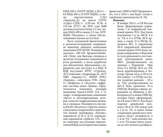 55
БМД-4М и 30 БТР-МДМ, в 2015 г. –
64 БМД-4М и 22 БТР-МДМ), а так-
же перспективных САО
«Зауралец-Д» на шасси СПТП
«Спрут-СДМ-1» (120-мм 2С36 и
152-мм 2С37). До 2025 года ВДВ
должны получить более 1,5 тыс. но-
вых БМД-4М и свыше 2,5 тыс. БТР-
МДМ «Ракушка», а также обеспе-
чивающих машин на его базе.
Часть гусеничной бронетехники
в десантно-штурмовых соединени-
ях намечено заменить колёсными
машинами БТР-82АМ. Планируется
закупить 100-150 бронеавтомоби-
лей «Тигр» для бригады спецназа и
десантно-штурмовых соединений (в
роты разведки), а после доработки
для обеспечения сбрасывания с па-
рашютом они поступят и в ВДД. В
ВДВ поступают КРУС «Стрелец»,
АСУ войсками «Андромеда-Д», АСУ
ПВО «Барнаул-Т», МРЛО (РЛС)
«Гармонь», комплексы РЭБ «Леер-
2», «Инфауна» и «Лесочек», цифро-
вые системы связи «Цивик». Пред-
полагается пополнить автопарк
машинами КамАЗ-43501 (г/п 3 т),
гидро- и квадроциклами, машинами
«багги» и мотопарапланами, кото-
рые оснастят подразделения развед-
ки и спецназа. Планируется постав-
каБпАК«Искатель»идругих,нового
стрелкового вооружения и комплек-
тов боевой экипировки «Ратник»,
парашютов Д-10 и Д-12, управляе-
мых парашютов «Арбалет-1/2». Так-
же намечено поступление перспек-
тивнойБМД,покоторойвнастоящее
время идут НИР и ОКР. Предполага-
ют, что в 2016 г она будет готова к
серийному производству [9, 10].
Выводы:
•	 В ноябре 2014 г. в СВ России
было сформировано управ-
ление 1-й гвардейской тан-
ковой армии (ТА). Ему были
подчинены 2-я гв. МСД, 4-я
гв. ТД и 6-я ОТбр 20-й ар-
мии, а также 27-я МСбр За-
падного ВО. А управление
20-й гвардейской общевой-
сковой армии (ОА) было пе-
редислоцировано в Воронеж
и стало руководить постоян-
ной группировкой войск
ЗВО, развертываемой на
границе с Украиной. При
этом 9-я МСбр 20-й гв. ОА
была перебазирована в Бо-
гучар. Кроме того, в 20-ю гв.
ОА войдут 1-я ОТбр (по бо-
лее поздним данным – 10-я
гв. ТД), развёртываемая из
262-й базы хранения, 33-я
ОМСбр (бывшая горная, пе-
реведена из Майкопа в Но-
вочеркасск) и новая ОМСбр,
которая будет сформирова-
на в Ельне в 2015 г. Как будет
поделен армейский ком-
плект 20-й гв. ОА между ней
и 1-й гв. ТА, и какие новые
соединения армейского ком-
плекта будут развёрнуты в
1-й гв. ТА – пока неизвестно.
1-я гв. ТА может быть усиле-
на за счёт полного развёрты-
 
