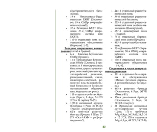 42
восстановительного бата-
льона);
•	 19-я Николаевско-Буда-
пештская БХВТ (Заслоно-
во; 19-я ОМбр сокращён-
ного состава?);
•	 37-я Речицкая БХВТ (По-
лоцк; 37-я ОМбр сокра-
щённого состава или
БХВТ);
•	 110-й отдельный полк ма-
териального обеспечения
(Борисов) [1-7].
Западное оперативное коман-
дование (штаб в Гродно):
•	 6-я Киевско-Берлинская
ОМбр (Гродно);
•	 11-я Прикапатско-Берлин-
ская ОМбр (Слоним; 2 тан-
ковых и 3 мотострелковых
батальона, группа артилле-
рии, зенитный ракетно-ар-
тиллерийский дивизион,
разведывательный, связи,
инженерно-сапёрный, ре-
монтно-восстановитель-
ный батальоны и батальон
материального обеспече-
ния, медицинская рота);
•	 111-я артиллерийская бри-
гада (Брест; 5  Адн, 24 СП
2С5 и 36 гаубиц 2А65);
•	 1199-й смешанный артполк
(Слобудка; 3  Редн, 36 РСЗО
«Ураган» – расформирован?);
•	 62-я зенитная ракетная
бригада (Гродно; 3 ЗРдн, 27
ПУ «Оса-АКМ» – расфор-
мирована?);
•	 215-й отдельный радиотех-
нический полк;
•	 36-й отдельный радиотех-
нический батальон;
•	 255-й отдельный радиотех-
нический полк особого на-
значения (Новогрудок);
•	 557-й инженерный полк
(Гродно);
•	 74-й отдельный Берлин-
ский полк связи (Гродно);
•	 815-й центр техобслужива-
ния;
•	 50-я Донецкая БХВТ (Бара-
новичи; 50-я ОМбр сокра-
щённого состава или
БХВТ);
•	 108-й отдельный полк ма-
териального обеспечения
[1-6, 8].
Соединения и части централь-
ного подчинения:
•	 361-я отдельная база охра-
ны и обслуживания
(Минск; батальон охраны,
2 автомобильных батальо-
на);
•	 465-я ракетная бригада
(Осиповичи; 4 Рдн, ОТРК
«Точка-У»);
•	 336-я реактивная бригада
(Осиповичи; 3 Редн, 36
РСЗО «Смерч»);
•	 51 Оршанская смешанная
артиллерийская группа
(Цель; 171-я гаубичная
Абр, 6 Адн, 36 2А65, 24 Д-20
и 12 2С5; 178-я пушечная
Абр, 6 Адн, 48 2С5, 24 2А36;
 