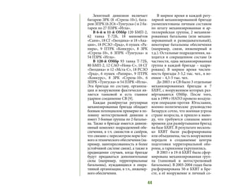 44
Зенитный дивизион включает
батарею ЗРК (8 «Стрела-10»), бата-
рею ЗПРК (6 2С6 «Тунгуска») и 2 ба-
тареи по 27 ПЗРК «Игла».
В 6-й и 11-й ОМбр 120 БМП-2,
62 танка Т-72Б, 18 миномётов
«Сани», 18 СГ «Гвоздика» и 18 «Ака-
ция», 18 РСЗО «Град», 6 пушек «Ра-
пира», 9 ПТРК «Конкурс», 8 ЗРК
«Стрела-10», 6 ЗПРК «Тунгуска» и
54 ПЗРК «Игла».
В 120-й ОМбр 93 танка Т-72Б,
80 БМП-2, 12 САО «Нона-С», 18 СГ
«Гвоздика» и 12 «Мста-С», 18 РСЗО
«Град», 6 пушек «Рапира», 9 ПТРК
«Конкурс», 8 ЗРК «Стрела-10», 6
ЗПРК «Тунгуска» и 54 ПЗРК «Игла».
Эта бригада по составу, организа-
ции и вооружению фактически яв-
ляется танковой и есть главное
ударное соединение СВ [9].
Каждая развёрнутая регулярная
механизированная бригада обладает
боевым потенциалом примерно в по-
ловину мотострелковой дивизии и
имеет 3 боевые группы по 2 батальо-
на. Также в бригаде имеется дивизи-
онный комплект подразделений обе-
спечения, в т.ч. связистов и сапёров,
что связано с пересмотром норм бое-
вого и технического обеспечения (на-
пример, заинтересованность в более
устойчивой системе связи), а также в
предвидении случаев, когда бригаде
будут придаваться дополнительные
силы (например, территориальные
батальоны), нуждающиеся в опера-
тивной организации, в т.ч., инженер-
ного обеспечения.
В мирное время в каждой регу-
лярной механизированной бригаде
укомплектованы личным составом
по штату механизированная и ар-
тиллерийская группы, 2 механизи-
рованных батальона (или механи-
зированный и разведывательный),
некоторые батальоны обеспечения
(например, связи, инженерный и
т.д.). Остальные подразделения, на-
ходятся в сокращенном составе (в
частности, одна механизированная
группа в каждой бригаде – кадри-
рована). В мирное время числен-
ность бригады 3-3,2 тыс. чел., в во-
енное – 4,5-5 тыс. чел.
До 2003 г в СВ было 3 отдельные
механизированных бригады и 7
БХВТ, с вооружением которых раз-
вёртываются ОМбр. После того,
как в 1999 г НАТО провело воздуш-
ную операцию против Югославии,
военно-политические руководство
Беларуси сочло, что военная угроза
стране возросла, и пришло к выво-
ду, что требуются слишком много
времени для развёртывания бригад
на базе БХВТ. В результате несколь-
ко БХВТ были расформированы
или объединены, часть вооружения
передали в создаваемые центры
подготовки территориальной обо-
роны, а гарнизоны укрупнялись.
В 2003 г в 19-й БХВТ была сфор-
мирована механизированная груп-
па (танковый и мотострелковый
батальоны). В 2003-2004 годах была
расформирована 50-я БХВТ в Бре-
сте, а её вооружение и личный со-
 