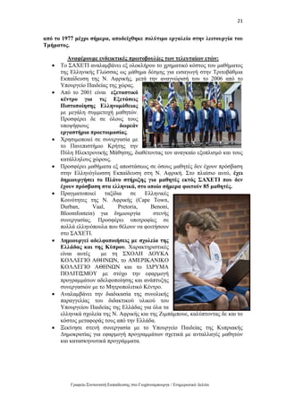 21
Γραφείο Συντονιστή Εκπαίδευσης στο Γιοχάνεσμπουργκ / Ενημερωτικό Δελτίο
από το 1977 μέχρι σήμερα, αποδείχθηκε πολύτιμο εργαλείο στην λειτουργία του
Τμήματος.
Αναφέρουμε ενδεικτικές πρωτοβουλίες των τελευταίων ετών:
 Το ΣΑΧΕΤΙ αναλαμβάνει εξ ολοκλήρου το χρηματικό κόστος του μαθήματος
της Ελληνικής Γλώσσας ως μάθημα δέσμης για εισαγωγή στην Τριτοβάθμια
Εκπαίδευση της Ν. Αφρικής, μετά την αναγνώρισή του το 2006 από το
Υπουργείο Παιδείας της χώρας.
 Από το 2001 είναι εξεταστικό
κέντρο για τις Εξετάσεις
Πιστοποίησης Ελληνομάθειας
με μεγάλη συμμετοχή μαθητών.
Προσφέρει δε σε όλους τους
υποψήφιους δωρεάν
εργαστήρια προετοιμασίας.
 Χρησιμοποιεί σε συνεργασία με
το Πανεπιστήμιο Κρήτης την
Πύλη Ηλεκτρονικής Μάθησης, διαθέτοντας τον αναγκαίο εξοπλισμό και τους
κατάλληλους χώρους.
 Προσφέρει μαθήματα εξ αποστάσεως σε όσους μαθητές δεν έχουν πρόσβαση
στην Ελληνόγλωσση Εκπαίδευση στη Ν. Αφρική. Στο πλαίσιο αυτό, έχει
δημιουργήσει το Πλάνο στήριξης για μαθητές εκτός ΣΑΧΕΤΙ που δεν
έχουν πρόσβαση στα ελληνικά, στο οποίο σήμερα φοιτούν 85 μαθητές.
 Πραγματοποιεί ταξίδια σε Ελληνικές
Κοινότητες της Ν. Αφρικής (Cape Town,
Durban, Vaal, Pretoria, Benoni,
Bloomfontein) για δημιουργία στενής
συνεργασίας. Προσφέρει υποτροφίες σε
πολλά ελληνόπουλα που θέλουν να φοιτήσουν
στο ΣΑΧΕΤΙ.
 Δημιουργεί αδελφοποιήσεις με σχολεία της
Ελλάδας και της Κύπρου. Χαρακτηριστικές
είναι αυτές με τη ΣΧΟΛΗ ΔΟΥΚΑ
ΚΟΛΛΕΓΙΟ ΑΘΗΝΩΝ, το ΑΜΕΡΙΚΑΝΙΚΟ
ΚΟΛΛΕΓΙΟ ΑΘΗΝΩΝ και το ΙΔΡΥΜΑ
ΠΟΛΙΤΙΣΜΟΥ με στόχο την εφαρμογή
προγραμμάτων αδελφοποίησης και ανάπτυξης
συνεργασιών με το Μητροπολιτικό Κέντρο.
 Αναλαμβάνει την διαδικασία της συνολικής
παραγγελίας του διδακτικού υλικού του
Υπουργείου Παιδείας της Ελλάδας για όλα τα
ελληνικά σχολεία της Ν. Αφρικής και της Ζιμπάμπουε, καλύπτοντας δε και το
κόστος μεταφοράς τους από την Ελλάδα.
 Ξεκίνησε στενή συνεργασία με το Υπουργείο Παιδείας της Κυπριακής
Δημοκρατίας για εφαρμογή προγραμμάτων σχετικά με ανταλλαγές μαθητών
και κατασκηνωτικά προγράμματα.
 