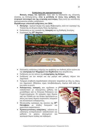 22
Γραφείο Συντονιστή Εκπαίδευσης στο Γιοχάνεσμπουργκ / Ενημερωτικό Δελτίο
Εκδηλώσεις που πραγματοποιούνται
Βασικός στόχος του σχολείου, πέρα από τη διδασκαλία της ελληνικής
γλώσσας ως δεύτερης/ξένης, είναι η μετάδοση σε όλους τους μαθητές του
ελληνικού πολιτισμού και της ελληνικής κουλτούρας. Προς αυτή την κατεύθυνση
πραγματοποιείται πλήθος εκδηλώσεων.
Παραθέτουμε ενδεικτικά εκδηλώσεις του 2016:
 Πανηγύρι - σχολικό παζάρι στις αρχές Φεβρουαρίου, κατά τον εορτασμό της
Υπαπαντής του Κυρίου (Ιερός Ναός της Σχολής).
 Εκδηλώσεις με την ευκαιρία της Αποκριάς και της Καθαρής Δευτέρας.
 Εορτασμός της 25ης
Μαρτίου.
 Πολλαπλές εκδηλώσεις στήριξης και προβολής του διεθνούς πλέον αγώνα για
την επιστροφή των Μαρμάρων του Παρθενώνα στην πατρίδα τους.
 Εκδήλωση για την επέτειο της ανεξαρτησίας της Κύπρου.
 Εκδήλωση για τον πατέρα και την μητέρα από μαθητές τάξεων του
Δημοτικού.
 Τριήμερη αναβίωση παραδοσιακών ελληνικών παιχνιδιών με όλες τις τάξεις
του Δημοτικού. (Μηλάκια, τζαμί, τσουβαλοδρομίες, δεμένοι πόδι πόδι, μη
σου πέσει το αυγό).
 Ραδιοφωνικές εκπομπές που σχεδίασαν οι
εκπαιδευτικοί με επιλεγμένους μαθητές και
μεταδόθηκαν από το Ελληνικό Ραδιόφωνο του
Γιοχάννεσμπουργκ. Οι εκπομπές είχαν θέματα
από την Ελλάδα και την Κύπρο σχετιζόμενα με
πόλεις και νησιά, θέματα τουριστικού, ιστορικού
και πολιτιστικού ενδιαφέροντος.
 Μεγαλειώδης εορτασμός της επετείου της 28ης
Οκτωβρίου με πλήθος θεατρικών και
χορευτικών παραστάσεων.
 Χριστουγεννιάτικες εκδηλώσεις, κάλαντα και
επισκέψεις αντιπροσωπειών εκπαιδευτικών και
μαθητών σε χώρους ηλικιωμένων και
προσφορά δώρων αγάπης και σεβασμού.
 