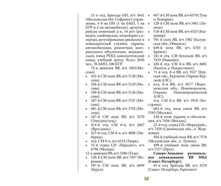 30
21-я отд. бригада ОН, в/ч 3641
(Московскаяобл.Софрино):управ-
ление, 4 б-на ОН (1 на БМП, 1 на
БТР и 2 на автомобилях), артилле-
рийско-зенитный д-н, 10 рот (раз-
ведки, снайперская, инженерно-са-
перная, регулирования движения и
комендантской службы, охраны,
автомобильная, ремонтная, мате-
риального обеспечения, медицин-
ская), взвод РХБЗ, кинологический
взвод, учебный центр. Всего 2650
чел., 36 БМП, 100 БТР.
55-я дивизия ВВ, в/ч 5401(Мо-
сква):
•	 102-й СМ полк ВВ, в/ч 5128 (Мо-
сква).
•	 104-й СМ полк ВВ, в/ч 5129 (Мо-
сква).
•	 109-й СМ полк ВВ, в/ч 5126 (Мо-
сква).
•	 107-й СМ полк ВВ, в/ч 3747 (Мо-
сква).
•	 681-й СМ полк ВВ, в/ч 3792 (Мо-
сква).
•	 547-й СМ полк ВВ, в/ч 3270
(Электросталь).
•	 414-й отд. СМ б-н, в/ч 2667
(Ярославль).
•	 423-й отд. СМ б-н, в/ч 4000 (Лю-
берцы).
•	 отд. СМ б-н, в/ч 6533 (Тверь).
•	 33-й отряд СН «Пересвет», в/ч
6796 (Москва).
12-я дивизия ВВ, в/ч 5580 (Тула):
•	 128-й СМ полк ВВ, в/ч 7437 (Во-
ронеж).
•	 597-й СМ полк ВВ, в/ч 6699
(Курск).
•	 667-й СМ полк ВВ, в/ч 6570 (Тула
п. Комарки).
•	 129-й СМ полк ВВ, в/ч 5961 (Ли-
пецк).
•	 518-й СМ полк ВВ, в/ч 6523 (Вла-
димир).
•	 591-й полк ВВ, в/ч 3382 (Калуж-
ская обл., Обнинск).
•	 649-й полк ВВ, в/ч 6703 (г.
Брянск).
•	 341-й отд. СМ батальон ВВ, в/ч
7433 (Иваново).
•	 426-й отд. СМ б-н ВВ, в/ч 6681
(Калуга, д. Рождествено).
•	 71-й отд. б-н ВВ, в/ч 3527 (Кур-
ская обл., Курчатов. Охрана Кур-
ской АЭС).
•	 отд. б-н ВВ, в/ч 3677 (Воро-
нежская обл., Нововоронеж.
Охрана Нововоронежской
АЭС).
отд. СМ б-н ВВ, в/ч 3910 (Ко-
строма).
683-й отд. полк связи ВВ, в/ч
5583 (Москва).
236-й полк охраны и обеспече-
ния, в/ч 7456 (Москва).
25-й отд. отряд СН «Меркурий»,
в/ч 7459 (Смоленская обл., п. Жор-
новка).
504-й учебный полк ВВ, в/ч 7576
(Московская обл., п. Лунево).
499-й учебный полк связи ВВ,
в/ч 7527 (Орел).
Северо-Западное региональ-
ное командование ВВ МВД
(Санкт-Петербург):
63-я отд. бригада ВВ, в/ч 3278
(Санкт-Петербург, Горелово):
 