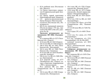 36
•	 82-й учебный полк (Ростовская
обл., Шахты,);
•	 3-й Центр подготовки сержан-
тов (Ставропольский край, Зеле-
нокумск);
•	 8-й Центр горной подготовки
(Краснодарский край, Хацавита);
•	 2-й проектно-реализовочный
Центр (Каменск-Шахтинский);
•	 госпиталь (Ростовская обл., Но-
вочеркасск);
•	 685-й отд. смешанный авиаполк
(Ростов-на-Дону): 778 чел., вер-
толёты Ми-8МТ и Ми-26Т, само-
леты Ан-26;
Уральское региональное ко-
мандование ВВ МВД (Екатерин-
бург):
93-я дивизия ВВ, в/ч 3273 (Челя-
бинская обл., Озерск):
•	 42-й полк ВВ, в/ч 3445 (Озерск).
•	 545-й полк ВВ, в/ч 3446 (Озерск).
•	 546-й полк ВВ, в/ч 3442 (Челя-
бинская обл., Трехгорный).
•	 562-й полк ВВ, в/ч 3468 (Челя-
бинская обл., Снежинск).
•	 95-й полк ВВ, в/ч 3410 (Челябин-
ская обл., Копейск).
•	 928-й отд. б-н ВВ, в/ч 3498 (Ми-
асс, Приозерный).
•	 32-й морской отряд, в/ч 6777
(Челябинская обл., Озерск): ка-
тера и береговое подразделение
с РЛС и прожекторами.
96-я дивизия ВВ, в/ч 3469
(Свердловская обл., п. Калинов-
ка-1):
•	 543-й полк ВВ, в/ч 3280 (Сверд-
ловская обл., Новоуральск).
•	 18-й полк ВВ, в/ч 3256 (Сверд-
ловская обл., Нижний Тагил).
•	 138-й полк ВВ, в/ч 3275 (Сверд-
ловская обл., Лесной. охрана ком-
бината «Электрохимприбор»).
•	 620-й полк ВВ, в/ч 3474 (Екате-
ринбург).
•	 395-й отд. СМ б-н ВВ, в/ч 5425
(Екатеринбург).
•	 12-й отряд СН «Урал», в/ч 6748
(Свердловская обл., Нижний
Тагил).
131-й СМ полк ВВ, в/ч 7438 (Че-
лябинск).
23-й отряд СН, в/ч 6830 (Челя-
бинск).
214-й отд. б-н связи, в/ч 3728
(Екатеринбург).
9-я отд. эскадрилья, в/ч 3732
(Екатеринбург): Ан-26, Ми-8МТ.
военный госпиталь, в/ч 3055
(Екатеринбург).
601-й кинологический центр,
в/ч 3059 (Тюмень).
Сибирское региональное ко-
мандование ВВ МВД (Новоси-
бирск):
98-я дивизия ВВ, в/ч 3478 (Том-
ская обл., Северск):
•	 592-й полк ВВ, в/ч 3480 (Томская
обл., Северск).
•	 44-й полк ВВ, в/ч 3481 (Томская
обл., Северск).
•	 555-й полк ВВ, в/ч 3287 (Новоси-
бирск).
•	 отд. б-н ВВ, в/ч 3482 (Томская
обл., Северск).
•	 отд. б-н ВВ, в/ч 3483 (Томская
обл., Северск).
 