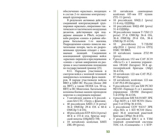 53
обеспечения «красных», входящих
в состав 2-го эшелона контратаку-
ющей группировки.
В результате активных действий
соединений контратакующей груп-
пировки «красных», оперативно-так-
тическогоитактическоговоздушных
десантов, действующих при под-
держке авиации и РВиА, осущест-
влён разгром «синих» в районе обо-
роны батальонов 1-го эшелона.
Подразделения «синих» понесли зна-
чительные потери, часть их разроз-
ненными группами отходит с зани-
маемых позиций. Соединения
коалиционной группировки войск
«красных»перешликпреследованию
«синих» с целью завершения их раз-
грома и восстановлению положения
по государственной границе [25].
8:11. Парадом участников и
смотром войск с военной техникой
завершилась основная фаза манев-
ров. В параде участвовали войска
ВВО и ЦВО ВС России (более 200
ед. ВВТ), а также НОАК (св. 50 ед,
ВВТ) и ВС Монголии. Батальонные
колонны боевых машин проходили
поротно в следующем порядке:
•	 3 китайских джипа и 6 россий-
ских БА СТС «Тигр» с флагами;
•	 40 российских БМП-2 (4 роты)
36-й ОМСбр 29-й ОА и 60-й
ОМСбр 5-й ОА;
•	 40 российских БТР-82А (4 роты)
40-й и 155-й отд. бригад мор-
ской пехоты (ОбрМП) ТФ;
•	 10 китайских колёсных БМП
ZBL-09 (рота);
•	10 китайских самоходных
колёсных 105-мм ПТ пушек
ZTL-11 (рота);
•	 10 российских БМД-2 (рота)
11-й отд. ОДШбр;
•	 10 российских БМД-4М (рота)
31-й ОДШбр;
•	 30 российских танков Т-72Б3 (3
роты) 37-й ОМСбр 36-й ОА,
36-й ОМСбр 29-й ОА, 38-й
ОМСбр 35-й ОА;
•	10 российских Т-72Б3М
обр.2016 г (рота) 212-го ОУЦ
ПМС ТВ ВВО;
•	 10 китайских танков ZTZ-99
(рота);
•	 9 российских 152-мм САУ 2С19
«Мста-С» и 1 машина управле-
ния 1В16М (батарея) 30-й ар-
тиллерийской бригады (Абр)
36-й ОА;
•	 10 китайских 122-мм САУ PLZ-
07 (батарея);
•	 10 китайских колёсных 122-мм
САУ PLS-09 (батарея);
•	 9 российских 122-мм БМ РСЗО
9К51М «Торнадо-Г» и 1 машина
управления 1В19М (батарея)
5-й ОТбр 36-й ОА;
•	 4 российские БМ 9А331МУ ЗРК
«Тор-М2У» и 1 КП 9С931 (бата-
рея) 5-й ОТбр 36-й ОА;
•	 4 российские СОУ 9А317 ЗРК
«Бук-М2» и 1 КП 9С510 (бата-
рея) 36-й зенитной ракетной
бригады (ЗРбр) 36-й ОА;
•	 3 российские БМ-1 и 6 ТЗМ
тяжёлой огнемётной системы
ТОС-1А «Солнцепёк» + 1 БТР-
 