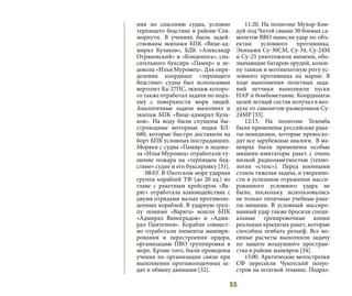 55
ния по спасению судна, условно
терпящего бедствие в районе Сев-
морпути. В учениях были задей-
ствованы экипажи БПК «Вице-ад-
мирал Кулаков», БДК «Александр
Отраковский» и «Кондопога», спа-
сательного буксира «Памир» и ле-
докола «Илья Муромец». Для опре-
деления координат «терпящего
бедствие» судна был использован
вертолет Ка-27ПС, экипаж которо-
го также отработал задачи по подъ-
ему с поверхности моря людей.
Аналогичные задачи выполнил и
экипаж БПК «Вице-адмирал Кула-
ков». На воду были спущены бы-
строходные моторные лодки БЛ-
680, которые быстро доставили на
борт БПК условных пострадавших.
Моряки с судна «Памир» и ледоко-
ла «Илья Муромец» отработали ту-
шение пожара на «терпящем бед-
ствие» судне и его буксировку [31].
08:03. В Охотском море ударная
группа кораблей ТФ (до 20 ед.) во
главе с ракетным крейсером «Ва-
ряг» отработала взаимодействие с
двумя отрядами малых противоло-
дочных кораблей. В ударную груп-
пу помимо «Варяга» вошли БПК
«Адмирал Виноградов» и «Адми-
рал Пантелеев». Корабли совмест-
но отработали элементы маневри-
рования и перестроения ордера,
организацию ПВО группировки в
море. Кроме того, были проведены
учения по организации связи при
выполнении противолодочных за-
дач и обмену данными [32].
11:20. На полигоне Мухор-Кон-
дуй под Читой свыше 30 боевых са-
молетов ВВО нанесли удар по объ-
ектам условного противника.
Экипажи Су-30СМ, Су-34, Су-24М
и Су-25 уничтожили мишени, обо-
значающие батарею орудий, колон-
ну танков и мотопехотную роту ус-
ловного противника на марше. В
ходе выполнения полетных зада-
ний летчики выполнили пуски
НАР и бомбометание. Координаты
целей летный состав получал в воз-
духе от самолетов-разведчиков Су-
24МР [33].
12:15. На полигоне Телемба
были применены российские раке-
ты-невидимки, которые превосхо-
дят все зарубежные аналоги. В ма-
неврах были применены особые
мишени-имитаторы ракет с очень
низкой радиозаметностью (техно-
логия «стелс»). Перед военными
стояла тяжелая задача, и уверенно-
сти в успешном отражении масси-
рованного условного удара не
было, поскольку. использовались
не только типичные учебные раке-
ты-мишени. В условный массиро-
ванный удар также бросили специ-
альные тренировочные копии
реальных крылатых ракет, которые
способны огибать рельеф. Все во-
енные расчеты выполнили задачу
по защите воздушного простран-
ства в районе маневров [34].
15:00. Арктические мотострелки
СФ пересекли Чукотский полуо-
стров на штатной технике. Подраз-
 