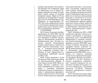 56
деления арктической мотострелко-
вой бригады СФ совершили марш
по Чукотскому п-ву от берега Се-
верного Ледовитого океана до побе-
режья Тихого океана на штатной
полярной технике. Марш на 270 км
проходил по бездорожью в течение
двух суток от мыса Ванкарем до пос.
Эгвекинот на транспортёрах ДТ-
10П. При этом отрабатывался поиск
и уничтожение диверсионно-разве-
дывательных групп, боевые стрель-
бы из пулемётов по мишеням.
15 СЕНТЯБРЯ:
04:33. Более 10 дальних бомбар-
дировщиков Ту-22М3 ВКС России
нанесли бомбовые удары по объек-
там аэродрома условного против-
ника на авиационном полигоне в
Забайкальском крае. Летчики по-
разили мишени, обозначающие
стоянки авиатехники, самолеты на
ВПП, укрытия авиатехники, скла-
ды и командно-диспетчерский
пункт аэродрома условного про-
тивника. В ходе упражнений ис-
пользовались авиабомбы массой
до 500 кг [35].
05:05. Отряд кораблей и судов
СФ провел в Охотском море учение
по противолодочной обороне. В
ходе учения экипаж БПК «Вице-ад-
мирал Кулаков» отработал ком-
плекс мероприятий по поиску под-
лодок с помощью бортового
гидроакустического вооружения, а
также с применением противоло-
дочного вертолета Ка-27 ПЛ. В ходе
полета экипаж вертолета произвел
поисковые действия с использова-
нием опускаемой гидроакустиче-
ской станции. Также были прове-
дены тренировки боевых расчетов
минно-торпедной боевой части ко-
рабля по условному принуждению
подлодки к всплытию и по услов-
ному применению противолодоч-
ного вооружения. Экипаж корабля
выполнил также учебные задачи по
обороне от атаки условной подлод-
ки противника с выполнением эле-
ментов противолодочного манев-
рирования [36].
06:05. Истребители ВКС и ВВО
отработали перехват самолетов ус-
ловного противника и разыграли
воздушные дуэли. Своевременное
обнаружение и перехват воздуш-
ных целей позволил не допустить
прорыва системы ПВО ВВО само-
летами условного противника. По
сценарию учения, самолеты Су-
30СМ, выполнявшие роль условно-
го противника, приблизились к
подразделениям ПВО ВВО и не от-
вечали на запросы наземных
служб. На их перехват были подня-
ты дежурные экипажи истребите-
лей МиГ-31 и Су-35С. Получив в
воздухе координаты «нарушите-
лей», экипажи дежурных сил вы-
полнили условные пуски ракет, по-
сле чего отработали с экипажами
самолетов Су-30СМ элементы
ближнего маневренного воздуш-
ного боя [37].
06:19. На полигоне Клерк (При-
морский край) подразделения мор-
 