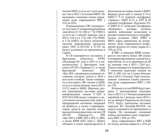 38
полков МБР, то есть на 1 полк мень-
ше, чем в 2015 г (6 полков МБР). Но
вызывают сомнения планы увели-
чения доли современного ВВТ с
51% до 62%.
В авиационные СЯС планирует-
ся поставка 9 модернизированных
самолётов (2 Ту-160 и 7 Ту-95МС),
то есть на 1 самолёт меньше, чем в
2015 г (10, в т.ч. 2 Ту-160, 3 Ту-95МС
и 5 Ту-22М3), но будут увеличены
закупки авиационных крылатых
ракет (КР) Х-101/102 и Х-555 по
опыту успешного их применения в
Сирии.
В СВ планируется поставить 2
бригадных комплекта ОТРК
«Искандер-М» (как в 2015 г) и до-
полнительно 2 бригадных ком-
плекта РСЗО «Торнадо-С», а также
бригадный комплект ЗРК
«Бук-М3», являющихся новыми си-
стемами, которые только в 2016 г
поступят в войска. Также планиру-
ется поставить 586 танков и ББМ,
то есть в 2 раза меньше, чем в 2015 г
(1172 танка и ББМ). Впрочем, рез-
кое уменьшение поставок модер-
низированных танков Т-72Б3 и
БТР-82А/АМ может говорить о до-
статочном насыщении ими войск и
прекращении активных операций
на Донбассе, а также о переориен-
тации средств на закупку новых
высокоточных ракетных систем СВ
(РСЗО «Торнадо-С», ЗРК
«Бук-М3») и ВВС (КР и ЗРС С-400),
а также ВМФ (КР). Ещё С. Шойгу
объявил о плане перевооружить 6
батальонов на новые танки и БМП.
Видимо, речь идёт о танках Т-14 и
БМП-Т Т-15 тяжёлой платформы
«Армата», БМП Б-11 и БТР Б-10
средней платформы «Курганец-25»
и БМП К-17 колёсной платформы
«Бумеранг», которые должны
пройти войсковые испытания в
разных климатических и географи-
ческих условиях (ЗВО, ЮВО и
ВВО) перед принятием на воору-
жение. Доля современного воору-
жения должна по плану вырасти с
35% до 37%.
В ВКС и авиацию ВМФ плани-
руется поставить более 200 новых
и модернизированных самолётов и
вертолётов, то есть примерно на 40
ед. меньше, чем в 2015 г (243 ед.).
Также планируется перевооружить
5 зенитных ракетных полков на
ЗРС С-400, что на 2 полка больше,
чем в 2015 г (3 полка). При этом вы-
зывают сомнения планы увеличе-
ния доли современного ВВТ с 52%
до 73%.
В боевой состав ВМФ будут вве-
дены 2 многоцелевые подлодки
(как в 2015 г) и 7 боевых надводных
кораблей (на 1 меньше, чем в 2015 г,
из-за эмбарго Украины на поставку
ГТУ). Будут увеличены поставки
морских КР «Калибр-НК/ПЛ» по
опыту успешного их применения в
Сирии. Но вызывают сомнения
планы увеличения доли современ-
ного ВВТ с 39% до 53%.
Доля современного ВВТ в ВДВ
по плану должна вырасти с 41% до
 