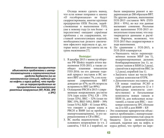 43
Отсюда можно сделать вывод,
что если новые поправки к закону
«О гособоронзаказе» не будут
скорректированы, многие крупные
предприятия ОПК России, задей-
ствованные в выполнении ГОЗ,
уже к новому году (и тем более – в
перспективе) ожидают серьёзные
проблемы с их содержанием, по-
ставкой комплектующих изделий,
необходимостью резкого увеличе-
ния офисного персонала и др., ко-
торые могут даже поставить их на
грань выживания [7].
Выводы:
1.	 	В декабре 2015 г министр оборо-
ны РФ Шойгу подвёл итоги вы-
полнения ГОЗ-2015, а также со-
общил плановые показатели
ГОЗ-2016; по его данным годо-
вой прирост поставок в ВС но-
вого ВВТ составил 7%, а их осна-
щение современным ВВТ
доведено до 47%; на 4% возросла
исправность ВВТ (до 89%).
2.	 Оснащение РВСН в 2015 г совре-
менным вооружением достигло
51% (при плане 57%), СВ – 35%
(план 32%), ВКС – 52% (план по
ВВС 33%, ВКО 54%), ВМФ – 39%
(план 51%), ВДВ – 41 (план 40%),
что говорит о срыве плана в
РВСН и ВМФ (из-за проблем с
импортозамещением), и его пе-
ревыполнении в СВ и ВКС.
3.	 ВС якобы недополучили 57 ед.
основного вооружения (в т.ч. 2
самолёта, 3 КА и 2 корабля), не
были завершены ремонт и мо-
дернизациядо200образцовВВТ.
По другим данным, выполнение
ГОЗ-2015 составило 96% (ГОЗ-
2014 – 95%), но все эти данные
вызывают сомнение. Реальная
доля выполнения ГОЗ-2015 от-
носительно плана ниже, что под-
тверждается данными и расчё-
том. Впрочем, возможно, что
ГОЗ-2015 был скорректирован в
ходе выполнения.
4.	 По сравнению с ГОЗ-2015, в
ГОЗ-2016 планируется:
•	Уменьшить число перевоору-
жённых полков МБР (на 1),
модернизированных дальних
бомбардировщиков (на 1), за-
купки танков и ББМ (в 2 раза),
самолётов и вертолётов ВКС (в
1,2 раза), кораблей (на 1).
•	Закупить такое же число бри-
гадных комплектов ОТРК.
•	Дополнительно поставить для
СВ новые тяжёлые РСЗО и
ЗРК средней дальности (2 и 1
бригадные комплекты соот-
ветственно) и батальонные
комплекты новых танков и
ББМ (6, для войсковых испы-
таний), а также для ВКС – пол-
ковые комплекты ЗРС (больше
на 2) и КР, а для ВМФ – КР.
Это изменение приоритетов объяс-
няется проблемами с импортозаме-
щением и ограниченностью средств
бюджета (из-за экономических
санкций, падения цен на нефть и
курса рубля), что требует их пере-
Изменение приоритетов
объясняется проблемами с импор-
тозамещением и ограниченностью
средств бюджета (из-за
экономических санкций, падения цен
на нефть и курса рубля), что требу-
ет их перераспределения на
приоритетные высокоточные
ракетные вооружения (КР, РСЗО, ЗРК
и ЗРС)
 