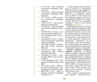 42
•	 Б-10 (10 ед.) – БТР на средней
гусеничной платформе «Кур-
ганец-25»;
•	 Б-11 (10 ед.) – БМП на средней
гусеничной платформе «Кур-
ганец-25»;
•	 Т-15 (10 ед.) – БМП на тяжё-
лой гусеничной платформе
«Армата»;
•	 Т-90А (10 ед.) – танк, находя-
щийся на вооружении;
•	 Т-14 (10 ед.) – танк на тяжёлой
гусеничной платформе «Арма-
та»;
•	 2С19М2 «Мста-С» (8 ед.) – 152-
мм самоходная гаубица (СГ);
•	 2С35 «Коалиция-СВ» (8 ед.) –
152-мм СГ;
•	 «Искандер-М» (8 ед.) – опера-
тивно-тактический ракетный
комплекс (ОТРК);
•	 «Тор-М2У» (10 БМ) – самоход-
ный ЗРК малой дальности
ПВО СВ;
•	 «Бук-М2» (4 СОУ и 4 ПЗУ) –
самоходный ЗРК средней
дальности ПВО СВ;
•	 «Панцирь-С» (8 БМ) – само-
ходный ЗРПК малой дально-
сти ВКО;
•	 С-400 «Триумф» (8 ПУ) – ЗРС
средней и большой дальности
ВКО;
•	 РС-24 «Ярс» (3 ПУ) – МБР мо-
бильного базирования с раз-
деляющейся головной частью;
•	 ВПК-7829 (3 ед.) – БМП на
средней колёсной платформе
«Бумеранг» [1].
Из них впервые было показаны
93 ед. 11 типов, в т.ч. самоходные
ПТРК«Корнет-Д1»,БА«Тайфун-У»,
БМД-4М и БТР-МДМ, БТР Б-10 и
БМП Б-11 на платформе «Курга-
нец-25», БМП-Т Т-15 и танки Т-14
на платформе «Армата», 152-мм СГ
«Коалиция-СВ», МБР РС-24 «Ярс»
и БМП ВПК-7829 на платформе
«Бумеранг». Часть из этих машин
приведена в таблице 1.
Необходимо отметить, что было
впервые продемонстрировано 48%
от всех единиц показанной назем-
ной боевой техники, и всего лишь
6% авиационной, или 8 боевых са-
молётов (4 Су-30СМ и 4 Су-35С) от
143 самолётов и вертолётов. И то,
это были варианты глубокой мо-
дернизации истребителя Су-27.
Это говорит о том, что подавляю-
щее число впервые показанных на
параде образцов было представле-
но наземной боевой техникой СВ.
Боевые машины семейства
«Армата» привлекли на параде
особое внимание. Перспективный
ряд межвидовых тяжёлых гусенич-
ных унифицированных платформ
(ТГУП) «Армата» разрабатывается
Уральским КБ транспортного ма-
шиностроения «Уралвагонзавода»
(УВЗ) с 2009 г. Он создаётся на ос-
нове танка «объект 195», при этом
танк на базе ТГУП должен стать
проще, легче, а главное – дешевле
танка «объект 195».
Цель создания перспективного
ряда «Армата» – обеспечение но-
 