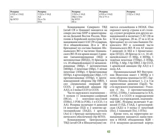 42
Командование Северного ТВД
(штаб СВ в Цзинане) находится на
северо-востоке КНР и ориентирова-
но на Дальний Восток России, Мон-
голию и Корейский полуостров. Ко-
мандованиеимеет4АГ(39-яударная,
16-я общевойсковая, 26-я и 40-я
бригадные) из состава бывших Шэ-
ньянского ВО и частично Цзинань-
скогоВО.Вэтиармиивходит2диви-
зии (механизированная (МД) и
мотопехотная (МПД)), 31 бригада (в
т.ч. 18 общевойсковых) (2 механизи-
рованные (Мбр), 7 мотопехотных
(МПбр), 2 пехотные (Пбр), 3 лёгкие
пехотные (ЛПбр), 4 бронетанковые
(БТбр), 4 артиллерийские (Абр), 1 (?)
противотанковая (ПТбр), 4 проти-
вовоздушной обороны (бр ПВО), 1
сил специальных операций (бр
ССО), 2 армейской авиации (бр
АА)), и 2 полка ССО (п ССО).
Части окружного подчинения –
5 полков (1 инженерно-сапёрный
(ИСп), 1 понтонно-мостовой
(ПМп), 1 РЭБ (п РЭБ), 1 п ССО, 1 п
АА). Резервы включают 6 дивизий
(4 пехотные (ПД) и 2 зенитно-ар-
тиллерийские (ЗАД)), 1 артполк
(Ап) и 1 бригаду материально-тех-
нического обеспечения (бр МТО).
Командование Центрального
ТВД (штаб СВ в Шицзячжуане) яв-
ляется сильнейшим в НОАК. Оно
охраняет центр страны и её столи-
цу, служит резервом для других ко-
мандований и включает 5 АГ (38-ю
и 54-ю ударные, 20-ю, 27-ю и 65-ю
бригадные) из состава бывших Пе-
кинского ВО и основной части
Цзинаньского ВО. В эти АГ входит
5 дивизий (4 МД и 1 бронетанко-
вую (БТД)), 28 бригад (в т.ч. 16 об-
щевойсковых) (5 Мбр, 4 МПбр, 1
тяжёлая пехотная (ТПбр), 2 ЛПбр,
4 БТбр, 5 Абр, 5 бр ПВО, 1 бр ССО,
1 армейской авиации (бр АА)) и 1
полк АА.
Провинциальный ВО Внутрен-
няя Монголия имеет 1 МПбр и 1
полк обороны границы (п ОГ). Гар-
низон Пекина включает 1, 2 и 3-ю
гарнизонные дивизии (ГарД). Ча-
сти окружного подчинения – 9 пол-
ков (1 Ап, 2 противотанковых
(ПТп), 2 ПМп, 1 химзащиты (п ХЗ),
п РЭБ, 2 п ССО) и подразделение
охраны госучреждений, подчинён-
ное ЦВС. Резервы включают 9 ди-
визий (5 ПД, 3 ЗАД, 1 артиллерий-
ская (АД)) и 3 полка (1 пехотный
(Пп), 1 танковый (Тп), 1 ПТп).
Кроме того, на территории ко-
мандования находится единствен-
ное в НОАК объединение ВДВ –
15-й воздушно-десантный корпус
Резервы
4 ПД и 2 ЗАД
Ап
бр МТО
Резервы
5 ПД и 3 ЗАД
АД
Пп и Тп
ПТп
Резервы
3 ПД и 3 ЗАД
Пбр и ЗАп
бр МТО
ИСп
Резервы
4 ПД и 2 ЗАД
Пп и Уч п
Резервы
2 ПД и 2 ЗАД
 