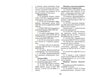 46
5 джипов, представляющих виды
ВС, к затем по площади прошло 27
колонн наземной военной техни-
ки, состоящих, как правило, из 18
машин каждая. В том числе:
Бронетехника:
1. 18 основных боевых танков
(ОБТ) ZTZ-99A (модернизирован-
ный вариант танка ZTZ-99);
2. 18 105-мм штурмовых амфи-
бийных самоходных пушек (СП)
ZTD-05A на базе амфибийной БМП
ZBD-05;
3. 18 БМП ZBD-04A (модернизи-
рованный вариант БМП ZBD-04);
4. 18 БМД ZBD-03;
5. 16 новых самоходных пуско-
вых установок (СПУ) ПТРК AFT-10
с ПТУР HJ-10 и 2 машины управле-
ния на базе БМП ZBD-04A;
6. 16 155-мм самоходных гаубиц
(СГ) PLZ-05 и 2 машины управле-
ния;
7. 18 новых 105-мм штурмовых
колесных 8х8 СП ZTL-11 на шасси
БМП ZBL-09;
8. 18 новых бронеавтомобилей
4х4 Dongfeng с 12,7-мм пулемётами;
9. 18 новых бронеавтомобилей
6х6 народной вооруженной поли-
ции;
Техника ПВО:
10. 16 новых 35-мм ЗСУ PGZ-07
и 2 машины управления с РЛС;
11. 16 СПУ ЗРС HQ-9 и 2 джипа;
12. 8 СПУ ЗРК HQ-12, новый
ЗРПК HQ-6A (всего 4 СПУ ЗРК
HQ-64, 4 30-мм СП LD-2000) и 2
джипа;
Машины с макетами корабель-
ного ракетного вооружения:
13. 8 машин с ПУ новых лёгких
корабельных ЗРК HHQ-10, 8 ма-
шин с зенитными ракетами кора-
бельного ЗРК HHQ-9 и 2 джипа;
14. 8 машин с противокорабель-
ными ракетами (ПКР) YJ-83, 8 – с
новыми сверхзвуковыми ПКР YJ-
12 и 2 джипа;
15. 16 СПУ ракетных комплек-
сов (РК) береговой обороны (БО) с
ПКР YJ-62 и 2 джипа;
Оперативное и стратегическое
ракетное вооружение:
16. 8 СПУ РК с баллистически-
ми ракетами малой дальности
(БРМД) DF-15B, 8 СПУ с новыми
РК БРМД DF-16 и 2 джипа;
17. 16 СПУ РК с новыми балли-
стическими ПКР DF-21D и 2 джипа;
18. 16 СПУ РК с крылатыми ра-
кетами DF-10A и 2 джипа;
19. 16 СПУ РК с новыми балли-
стическими ракетами средней
дальности (БРСД) DF-26 и 2 джи-
па;
20. 16 СПУ РК с МБР DF-31A и 2
джипа;
21. 8 машин с 4-мя старыми
жидкостными МБР DF-5B шахтно-
го базирования (4 1-е, 4 2-е ступе-
ни) и 2 джипа;
Машины боевого обеспече-
ния:
22.8мобильныхРЛС LLQ305A, 8 –
LLQ305B и 2 джипа;
23. 10 машин с БПЛА (2 новых
разведывательных дальнего дей-
 