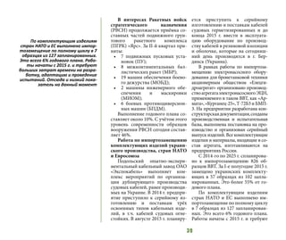 39
В интересах Ракетных войск
стратегического назначения
(РВСН) продолжается приёмка со-
ставных частей подвижного грун-
тового ракетного комплекса
(ПГРК) «Ярс». За II-й квартал при-
няты:
•	 7 подвижных пусковых уста-
новок (ПУ);
•	 8 межконтинентальных бал-
листических ракет (МБР);
•	 19 машин обеспечения боево-
го дежурства (МОБД);
•	 2 машины инженерного обе-
спечения и маскировки
(МИОМ);
•	 6 боевых противодиверсион-
ных машин (БПДМ).
Выполнение годового плана со-
ставляет около 10%. С учётом этого
уровень современности образцов
вооружения РВСН сегодня состав-
ляет 46%.
Работа по импортозамещению
комплектующих изделий украин-
ского производства, стран НАТО
и Евросоюза
Подольский опытно-экспери-
ментальный кабельный завод ОАО
«Экспокабель» выполняет ком-
плекс мероприятий по организа-
ции дублирующего производства
судовых кабелей, ранее производи-
мых на Украине. В 2014 г. предпри-
ятие приступило к серийному из-
готовлению и поставкам трёх
освоенных типов кабельных изде-
лий, в т.ч. кабелей судовых огне-
стойких. В августе 2015 г. планиру-
ется приступить к серийному
изготовлению и поставкам кабелей
судовых герметизированных и до
конца 2015 г. ввести в эксплуата-
цию оборудование по производ-
ству кабелей в резиновой изоляции
и оболочке, которые на сегодняш-
ний день производятся в г. Бер-
дянск (Украина).
В рамках работы по импортоза-
мещению электронасосного обору-
дования для бронетанковой техники
акционерным обществом «Елецги-
дроагрегат» организовано производ-
ствоагрегатаэлектронасосногоЭЦН,
применяемого в таком ВВТ, как «Ар-
мата», «Курганец-25», Т-72Б3 и БМП-
3. На предприятии разработана кон-
структорскаядокументация,созданы
производственная и испытательная
базы, выполнена постановка на про-
изводство и организован серийный
выпуск изделий. Все комплектующие
изделия и материалы, входящие в со-
став агрегата, изготавливаются на
предприятиях России.
С 2014-го по 2025 г. спланирова-
но к импортозамещению 826 об-
разцов ВВТ. За I-е полугодие 2015 г.
замещено украинских комплекту-
ющих в 57 образцах из 102 запла-
нированных. Это более 55% от го-
дового плана.
По комплектующим изделиям
стран НАТО и ЕС выполнено им-
портозамещение по полному циклу
в 7 образцах из 127 запланирован-
ных. Это всего 6% годового плана.
Работы начаты с 2015 г. и требуют
По комплектующим изделиям
стран НАТО и ЕС выполнено импор-
тозамещение по полному циклу в 7
образцах из 127 запланированных.
Это всего 6% годового плана. Рабо-
ты начаты с 2015 г. и требуют
больших затрат времени на разра-
ботку, адаптацию и проведение
испытаний. Отсюда и низкий пока-
затель на данный момент
 