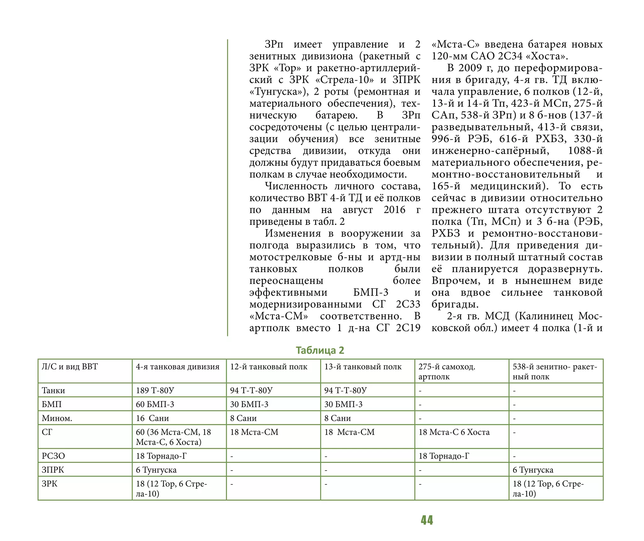 44
ЗРп имеет управление и 2
зенитных дивизиона (ракетный с
ЗРК «Тор» и ракетно-артиллерий-
ский с ЗРК «Стрела-10» и ЗПРК
«Тунгуска»), 2 роты (ремонтная и
материального обеспечения), тех-
ническую батарею. В ЗРп
сосредоточены (с целью централи-
зации обучения) все зенитные
средства дивизии, откуда они
должны будут придаваться боевым
полкам в случае необходимости.
Численность личного состава,
количество ВВТ 4-й ТД и её полков
по данным на август 2016 г
приведены в табл. 2
Изменения в вооружении за
полгода выразились в том, что
мотострелковые б-ны и артд-ны
танковых полков были
переоснащены более
эффективными БМП-3 и
модернизированными СГ 2С33
«Мста-СМ» соответственно. В
артполк вместо 1 д-на СГ 2С19
«Мста-С» введена батарея новых
120-мм САО 2С34 «Хоста».
В 2009 г, до переформирова-
ния в бригаду, 4-я гв. ТД вклю-
чала управление, 6 полков (12-й,
13-й и 14-й Тп, 423-й МСп, 275-й
САп, 538-й ЗРп) и 8 б-нов (137-й
разведывательный, 413-й связи,
996-й РЭБ, 616-й РХБЗ, 330-й
инженерно-сапёрный, 1088-й
материального обеспечения, ре-
монтно-восстановительный и
165-й медицинский). То есть
сейчас в дивизии относительно
прежнего штата отсутствуют 2
полка (Тп, МСп) и 3 б-на (РЭБ,
РХБЗ и ремонтно-восстанови-
тельный). Для приведения ди-
визии в полный штатный состав
её планируется доразвернуть.
Впрочем, и в нынешнем виде
она вдвое сильнее танковой
бригады.
2-я гв. МСД (Калининец Мос-
ковской обл.) имеет 4 полка (1-й и
Таблица 2
Л/С и вид ВВТ 4-я танковая дивизия 12-й танковый полк 13-й танковый полк 275-й самоход.
артполк
538-й зенитно- ракет-
ный полк
Танки 189 Т-80У 94 Т-Т-80У 94 Т-Т-80У - -
БМП 60 БМП-3 30 БМП-3 30 БМП-3 - -
Мином. 16 Сани 8 Сани 8 Сани - -
СГ 60 (36 Мста-СМ, 18
Мста-С, 6 Хоста)
18 Мста-СМ 18 Мста-СМ 18 Мста-С 6 Хоста -
РСЗО 18 Торнадо-Г - - 18 Торнадо-Г -
ЗПРК 6 Тунгуска - - - 6 Тунгуска
ЗРК 18 (12 Тор, 6 Стре-
ла-10)
- - - 18 (12 Тор, 6 Стре-
ла-10)
 