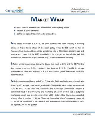 info@capitalheight.com
                                                                            Phone- (0731)4295950



                         MARKET WRAP
        Nifty breaks 9 weeks of gain ahead of RBI’s credit policy review
        Inflation at 9.9% for March
        SEC’s suit against Goldman sachs checks Dow




Nifty   ended the week at 5262.60 as profit booking was seen specially in banking

stocks at higher levels ahead of the credit policy review by RBI which is due on
Tuesday. In all likelihood there will be a moderate hike of 25-30 basis points in repo and
reverse repo rates but the CRR is unlikely to be changed as the officials feel that
inflation has peaked and any further rise may choke the economic recovery.


Inflation for March came just below the double digit mark at 9.9% and the GDP for the
last quarter is around 8.6%, pointing to the figure of 7.2% for 2009-2010. Infosys
announced it’s result with a growth of 1.14% and a robust growth forecast of 16-18% in
dollar revenue.


US stocks witnessed heavy sell-off on Friday after Goldman Sachs was charged with
fraud by SEC and corporate earnings fell short of heightened expectations. Goldman fell
12% to USD 162.86 after the Securities and Exchange Commission alleged it
committed fraud in the structuring and marketing of a debt product tied to subprime
mortgages, which cost investors more than USD 1 billion. Dow future June retreated
sharply after it touched 11100 on Thursday. Meanwhile China’s economy roared at
11.9% for the first quarter of the calendar year whereas the inflation came down at 2.4%
as against 2.7% for the quarter.



                                                                             www.capitalheight.com
 