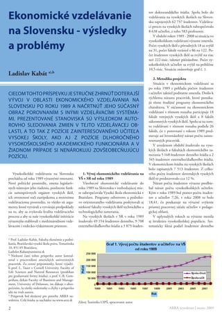 Ekonomické vzdelávanie
                                                                                                    tov doktorandského štúdia. Spolu bolo do
                                                                                                    vzdelávania na vysokých školách na Sloven-
                                                                                                    sku zapojených 62 737 študentov. Vzdeláva-

na Slovensku - výsledky
                                                                                                    cí proces na vysokých školách zabezpečovalo
                                                                                                    8 638 učiteľov, z toho 583 profesorov.
                                                                                                       V období rokov 1989 - 2008 sa situácia vo


a problémy
                                                                                                    vysokoškolskom vzdelávaní výrazne zmenila.
                                                                                                    Počet vysokých škôl z pôvodných 18 sa zvýšil
                                                                                                    na 31, počet fakúlt vzrástol z 86 na 122. Po-
                                                                                                    čet študentov vysokých škôl sa zvýšil na viac
                                                                                                    než 222-tisíc, takmer päťnásobne. Počet vy-
                                                                                                    sokoškolských učiteľov sa zvýšil na približne
                                                                                                    10,5-tisíc. Situáciu znázorňuje graf č. 1.
Ladislav Kabát a),b
                                                                                                       2. Metodika projektu
                                                                                                       Situácia v ekonomickom vzdelávaní sa
                                                                                                    po roku 1989 z pohľadu počtov študentov
Cieľom tohto príspevku je stručne zhrnúť doterajší                                                  i učiteľov taktiež podstatne zmenila. Došlo k
                                                                                                    rýchlemu nárastu pracovísk, ktoré ponúka-
vývoj v oblasti ekonomiCkého vzdelávania na                                                         jú rôzne študijné programy ekonomického
slovensku po roku 1989 a načrtnúť jeho súčasný                                                      charakteru. V súčasnosti na ekonomickom
obraz porovnaním s inými vzdelávaCími systéma-                                                      vzdelávaní v rôznom rozsahu participuje 18
                                                                                                    fakúlt verejných vysokých škôl a 8 fakúlt
mi. prezentované stanoviská sú výsledkom auto-                                                      súkromných vysokých škôl. Spolu sa na tom-
rovho sledovania zmien v tejto vzdelávaCej ob-                                                      to vzdelávaní v rôznom rozsahu podieľa 26
lasti, a to tak z pozíCie zainteresovaného učiteľa                                                  fakúlt, čo v porovnaní s rokom 1989 pred-
                                                                                                    stavuje asi štvornásobný nárast počtu zainte-
vysokej školy, ako aj z pozíCie dlhoročného                                                         resovaných pracovísk.
vysokoškolského akademiCkého funkCionára a v                                                           V uvedenom období študovalo na vyso-
žiadnom prípade si nenárokujú zovšeobeCňujúCu                                                       kých školách a fakultách ekonomického za-
                                                                                                    merania 5 168 študentov denného štúdia a 2
pozíCiu.                                                                                            345 študentov externého/diaľkového štúdia.
                                                                                                    V ekonomickom štúdiu na vysokých školách
                                                                                                    bolo zapísaných 7 513 študentov. Z celko-
   Vysokoškolské vzdelávanie na Slovensku               1. Vývoj ekonomického vzdelávania na        vého počtu študentov slovenských vysokých
prechádza od roku 1989 výraznými zmenami.            VŠ v SR od roku 1989                           škôl to predstavovalo cca 12 %.
Nové politické prostredie, zmena legislatív-            Všeobecné ekonomické vzdelávanie do            Nárast počtu študentov výrazne predbie-
nych nástrojov jeho riadenia, posilnenie funk-       roku 1989 na Slovensku v rozhodujúcej mie-     hal nárast počtu vysokoškolských učiteľov.
cie samosprávnych orgánov vysokých škôl,             re zabezpečovala Vysoká škola ekonomická v     Kým v roku 1989 bol pomer počtu študen-
ich otvorenosť voči európskemu a svetovému           Bratislave. Programy odvetvovo a podniko-      tov a učiteľov 7,26, v roku 2008 to bolo
vzdelávaciemu prostrediu, to všetko sú argu-         vo orientovaného vzdelávania poskytovali aj    18,41, čo poukazuje na výrazné zvýšenie
menty, ktoré vytvárali a vytvárajú predpoklady       niektoré fakulty vysokých škôl technického a   priamej pracovnej záťaže učiteľov v pedago-
na to, aby sa zvyšovala kvalita vzdelávacieho        technologického zamerania.                     gickej oblasti.
procesu a aby sa naše vysokoškolské inštitúcie          Na vysokých školách v SR v roku 1989           V uplynulých rokoch sa výrazne menila
výraznejšie etablovali v medzinárodnom vzde-         študovalo 49 154 študentov denného, 9 708      aj štruktúra vysokoškolskej populácie. Sys-
lávacom i vedecko-výskumnom priestore.               externého/diaľkového štúdia a 3 875 študen-    tematicky klesá podiel študentov denného


a)
   Prof. Ladislav Kabát, Fakulta ekonómie a podni-
kania, Bratislavská vysoká škola práva, Tematínska
10, 851 05 Bratislava,
Ladislav.Kabat@uninova.sk
b)
   Niektoré časti tohto príspevku autor konzul-
toval s pracovníkmi amerických univerzitných
pracovísk. Za cenné pripomienky, ktoré vyjadri-
li prof. L. Tauer z Cornell University, Faculty of
Life Sciences and Natural Resources (prodekan
pre graduované formy štúdia), a prof. C.B. Gem-
peshaw, dekan Faculty of Bussiness and Manage-
ment, University of Delaware, im ďakuje s ubez-
pečením, že všetky nedostatky a chyby v príspevku
idú na vrub autora.
c)
   Príspevok bol skrátený pre potreby ARRA ne-
wslettra. Celá štúdia sa nachádza na www.arra.sk
                                                     Zdroj: Štatistika UIPŠ, spracovanie autor
2                                                                                                                 ARRA newsletter | marec 2009
 