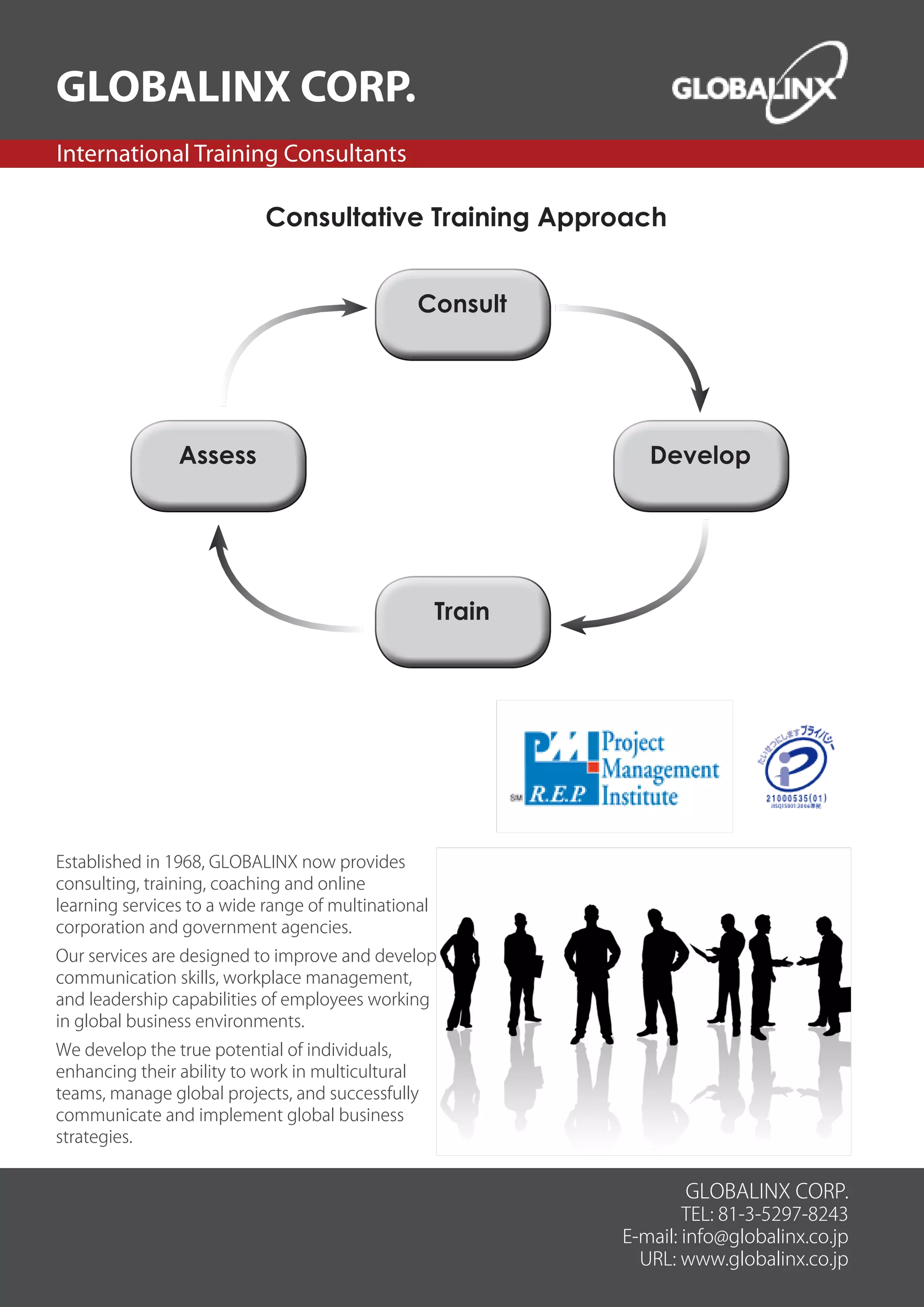 GLOBALINX CORP.
International Training Consultants

                            Consultative Training Approach




Established in 1968, GLOBALINX now provides
consulting, training, coaching and online
learning services to a wide range of multinational
corporation and government agencies.
Our services are designed to improve and develop
communication skills, workplace management,
and leadership capabilities of employees working
in global business environments.
We develop the true potential of individuals,
enhancing their ability to work in multicultural
teams, manage global projects, and successfully
communicate and implement global business
strategies.


                                                             GLOBALINX CORP.
                                                              TEL: 81-3-5297-8243
                                                      E-mail: info@globalinx.co.jp
                                                        URL: www.globalinx.co.jp
 