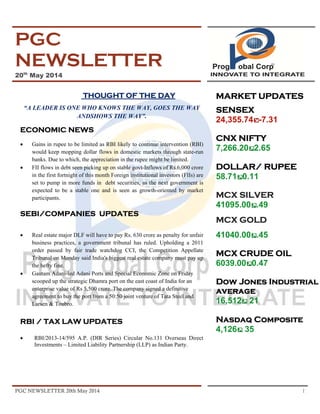 PGC NEWSLETTER 20th May 2014 1
PGC
NEWSLETTER
20th
May 2014
THOUGHT OF THE DAY
“A LEADER IS ONE WHO KNOWS THE WAY, GOES THE WAY
ANDSHOWS THE WAY”.
ECONOMIC NEWS
• Gains in rupee to be limited as RBI likely to continue intervention (RBI)
would keep mopping dollar flows in domestic markets through state-run
banks. Due to which, the appreciation in the rupee might be limited.
• FII flows in debt seen picking up on stable govt-Inflows of Rs.6,000 crore
in the first fortnight of this month Foreign institutional investors (FIIs) are
set to pump in more funds in debt securities, as the next government is
expected to be a stable one and is seen as growth-oriented by market
participants.
SEBI/COMPANIES UPDATES
• Real estate major DLF will have to pay Rs. 630 crore as penalty for unfair
business practices, a government tribunal has ruled. Upholding a 2011
order passed by fair trade watchdog CCI, the Competition Appellate
Tribunal on Monday said India's biggest real estate company must pay up
the hefty fine.
• Gautam Adani-led Adani Ports and Special Economic Zone on Friday
scooped up the strategic Dhamra port on the east coast of India for an
enterprise value of Rs 5,500 crore. The company signed a definitive
agreement to buy the port from a 50:50 joint venture of Tata Steel and
Larsen & Toubro.
RBI / TAX LAW UPDATES
• RBI/2013-14/595 A.P. (DIR Series) Circular No.131 Overseas Direct
Investments – Limited Liability Partnership (LLP) as Indian Party.
MARKET UPDATES
SENSEX
24,355.74 -7.31
CNX NIFTY
7,266.20 2.65
DOLLAR/ RUPEE
58.71 0.11
MCX SILVER
41095.00 .49
MCX GOLD
41040.00 .45
MCX CRUDE OIL
6039.00 0.47
Dow Jones Industrial
average
16,512 21
Nasdaq Composite
4,126 35
 