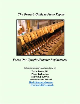 The Owner's Guide to Piano Repair




Focus On: Upright Hammer Replacement

       Information provided courtesy of:
              David Boyce, BA
              Piano Technician
             Tel: 01475 639915
            Mobile: 07714 959806
            David@piano.plus.com
             www.davidboyce.co.uk
 