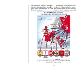 28
на результати виборів), розповсю-
дження цілеспрямованої дезінфор-
мації через підконтрольні ЗМІ та в
Інтернет-просторі.
Наприклад, лідер «Національно-
го фронту» Марін Ле Пен не прихо-
вує того факту, що два роки тому по-
зику на свою кампанію у розмірі
Джерело: http://static3.businessinsider.com/image/54870477ecad04d4183
15c9e-800-1174/europe-russia.jpg
 