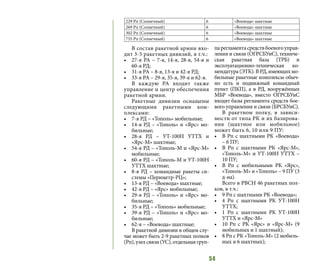 54
В состав ракетной армии вхо-
дит 3-5 ракетных дивизий, в т.ч.:
•	 27-я РА – 7-я, 14-я, 28-я, 54-я и
60-я РД;
•	 31-я РА – 8-я, 13-я и 42-я РД;
•	 33-я РА – 29-я, 35-я, 39-я и 62-я.
В каждую РА входит также
управление и центр обеспечения
ракетной армии.
Ракетные дивизии оснащены
следующими ракетными ком-
плексами:
•	 7-я РД – «Тополь» мобильные;
•	 14-я РД – «Тополь» и «Ярс» мо-
бильные;
•	 28-я РД – УТ-100Н УТТХ и
«Ярс-М» шахтные;
•	 54-я РД – «Тополь-М и «Ярс-М»
мобильные;
•	 60-я РД – «Тополь-М и УТ-100Н
УТТХ шахтные;
•	 8-я РД – командные ракеты си-
стемы «Периметр-РЦ»;
•	 13-я РД – «Воевода» шахтные;
•	 42-я РД – «Ярс» мобильные;
•	 29-я РД – «Тополь» и «Ярс» мо-
бильные;
•	 35-я РД – «Тополь» мобильные;
•	 39-я РД – «Тополь» и «Ярс» мо-
бильные;
•	 62-я – «Воевода» шахтные;
В ракетной дивизии в общем слу-
чае может быть 2-9 ракетных полков
(Рп), узел связи (УС), отдельная груп-
парегламентасредствбоевогоуправ-
ления и связи (ОГРСБУиС), техниче-
ская ракетная база (ТРБ) и
эксплуатационно-техническая ко-
мендатура (ЭТК). В РД, имеющих мо-
бильные ракетные комплексы обыч-
но есть и подвижный командный
пункт (ПКП), а в РД, вооружённых
МБР «Воевода», вместо ОГРСБУиС
входят базы регламента средств бое-
вого управления и связи (БРСБУиС).
В ракетном полку, в зависи-
мости от типа РК и их базирова-
ния (шахтное или мобильное)
может быть 6, 10 или 9 ПУ:
•	 В Рп с шахтными РК «Воевода»
– 6 ПУ;
•	 В Рп с шахтными РК «Ярс-М»,
«Тополь-М» и УТ-100Н УТТХ –
10 ПУ;
•	 В Рп с мобильными РК «Ярс»,
«Тополь-М» и «Тополь» – 9 ПУ (3
д-на).
Всего в РВСН 46 ракетных пол-
ков, в т.ч.:
•	 9 Рп с шахтными РК «Воевода»;
•	 4 Рп с шахтными РК УТ-100Н
УТТХ;
•	 1 Рп с шахтными РК УТ-100Н
УТТХ и «Ярс-М»
•	 10 Рп с РК «Ярс» и «Ярс-М» (9
мобильных и 1 шахтный);
•	 8 Рп с РК «Тополь-М» (2 мобиль-
ных и 6 шахтных);
229 Рп (Солнечный) 6 «Воевода» шахтные
269 Рп (Солнечный) 6 «Воевода» шахтные
302 Рп (Солнечный) 6 «Воевода» шахтные
735 Рп (Солнечный) 6 «Воевода» шахтные
 