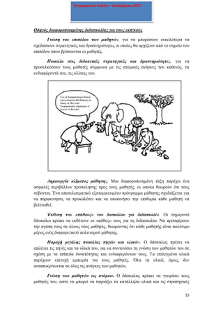 15
Ενημερωτικό δελτίο – Δεκέμβριος 2017
Οδηγός διαφοροποιημένης διδασκαλίας για τους εκπ/κούς
Γνώση του επιπέδου των μαθητών, για να μπορέσουν ευκολότερα να
σχεδιάσουν στρατηγικές και δραστηριότητες οι οποίες θα αρχίζουν από το σημείο του
επιπέδου όπου βρίσκονται οι μαθητές.
Ποικιλία στις διδακτικές στρατηγικές και δραστηριότητες, για να
προσελκύσουν τους μαθητές σύμφωνα με τις ατομικές ανάγκες του καθενός, τα
ενδιαφέροντά του, τις κλίσεις του.
Δημιουργία κλίματος μάθησης. Μια διαφοροποιημένη τάξη παρέχει ένα
ασφαλές περιβάλλον πρόσκλησης προς τους μαθητές, οι οποίοι θεωρούν ότι τους
σέβονται. Ένα αποτελεσματικό εξατομικευμένο πρόγραμμα μάθησης σχεδιάζεται για
να παρακινήσει, να προκαλέσει και να υποκινήσει την επιθυμία κάθε μαθητή να
βελτιωθεί.
Έκθεση του «πάθους» του δασκάλου για διδασκαλία. Οι σημερινοί
δάσκαλοι πρέπει να εκθέτουν το «πάθος» τους για τη διδασκαλία. Να προσφέρουν
την αγάπη τους σε όλους τους μαθητές, θεωρώντας ότι κάθε μαθητής είναι πολύτιμο
μέρος ενός διαφορετικού πολιτισμού μάθησης.
Παροχή μεγάλης ποικιλίας πηγών και υλικών. Ο δάσκαλος πρέπει να
επιλέγει τις πηγές και τα υλικά του, για να συντονίσει τη γνώση των μαθητών του σε
σχέση με τα επίπεδα δυνατότητας και ενδιαφερόντων τους. Τα επιλεγμένα υλικά
παρέχουν επιτυχή εμπειρία για τους μαθητές. Όλα τα υλικά, όμως, δεν
ανταποκρίνονται σε όλες τις ανάγκες των μαθητών.
Γνώση των μαθητών ως ατόμων. Ο δάσκαλος πρέπει να γνωρίσει τους
μαθητές του, ώστε να μπορεί να ταιριάξει τα κατάλληλα υλικά και τις στρατηγικές
 