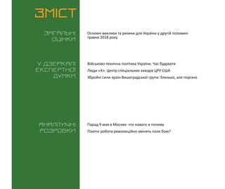 ВИКЛИКИ і РИЗИКИ / 30 травня 2018
3
ЗМІСТ
Загальні
оцінки
У дзеркалі
експертноі
думки
Аналітичні
розробки
Основні виклики та ризики для України у другій половині
травня 2018 року
Парад 9 мая в Москве: что нового и почему
Піхотні роботи революційно змінять поле бою?
Військово-технічна політика України. Час будувати
Люди «Х». Центр спеціальних заходів ЦРУ США
Збройні сили країн Вишеградської групи: близько, але порізно
 