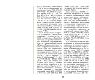 78
ем 1-го поколения, поставленным
СССР, а затем производимым по
его лицензии (танки Т-54 – ZTZ-59,
БТР-40/152 – ZSL-55/56, буксируе-
мые орудия М-30, Д-1, ЗИС-2/3,
Д-44, БС-3, М-46 – PL-54/55/56/59,
САУ-76/85/100, миномёты М-43 и
типа 55, зенитные пушки 61-К,
С-60, КС-19 – PG-55/65/59). Воору-
жение самостоятельной разработ-
ки составляло небольшую часть
(лёгкие танки ZTZ-62, амфибийные
танки ZTD-63, БТР ZSD-63, СГ
PLZ-70, РСЗО PH-63 и PHL-70, ми-
номёты РР-71).
После вооруженного конфлик-
та на о. Даманский в 1969 г военно-
техническое сотрудничество с
СССР прекратилось, и Китай был
вынужден для приобретения воен-
ных технологий переориентиро-
ваться на страны Западной Европы
и Израиль. Впрочем, советские си-
стемы вооружений, полученные от
третьих стран, тоже активно копи-
ровались. Вооружения 2-го поко-
ления представляли собой либо ко-
пии советских вооружений (БМП
ZBD-86 – БМП-1, гаубицы PL-
66/86 – Д-20/30, пушки PT-73 – МТ-
12, РСЗО PHL-81 – БМ-21, ПЗРК
QW-1 – «Игла-1») и западных воо-
ружений (ЗРК HQ-7 – Crotale),
либо китайские разработки и мо-
дернизированные образцы воору-
жений 1-го поколения с использо-
ванием советских и западных
технологий (танки ZTZ-59D/79/88
и ZTD-63А, БМП ZBD-86А, БТР
ZSD-89, 152/122-мм СГ PLZ-83/89,
120-мм СПТП PTZ-89, РСЗО PHZ-
89, ЗУ PG-74/87).
После подавления НОАК сту-
денческих выступлений в Пекине
на площади Тяньаньмынь в 1989 г
военно-техническое сотрудниче-
ство Запада с КНР резко сократи-
лось, зато оно возобновилось с
Россией. Китайские вооружения
3-го поколения представляют со-
бой китайские разработки с ис-
пользованием российских и запад-
ных технологий, освоенных в
предыдущий период (танки ZTZ-
96/99 и ZTD-05, БМП ZBL-92/09 и
ZBD-03/04/04А/05, СГ PLZ-05 и
PLZ-07, СПТП PTL-02, САО PLL-
05, РСЗО PHL-03, ЗПРК PGZ-04А и
ЗСУ PGZ-09).
Если сравнить китайские бро-
нетанковые и механизированные
соединения по основному воору-
жению с российскими и американ-
скими, то можно отметить, что ки-
тайские танки ZTZ-59/79/88/96,
БМП ZBD-86, 122/152-мм СГ PLZ-
89/83 имеют худшие характеристи-
ки, чем российские танки Т-72/80,
БМП-2, 152-мм СГ 2С3 и 2С19, аме-
риканские танки М1А1/2, БМП
М2А3, 155-мм СГ М-109А6 соот-
ветственно. Зенитные формирова-
ния китайских соединений осна-
щены устаревшими 25/37/57-мм
ЗУ, ЗПРК PGZ-04A и ЗРК HQ-7,
тогда как в российских соединени-
ях они оснащены более совершен-
ными ЗПРК «Тунгуска», ЗРК «Оса-
 