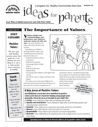 ASSET
CATEGORY
Positive
Values
The more your
child develops
positive values that
guide her or his
behavior, the more
likely he or she is
to make positive
choices and grow
up healthy.
FAST FACTS
Values shape our
relationships, our
behaviors, our choices,
and our sense of who we
are. The more positive our
values, the more positive our
actions.
By helping our children
develop positive values and
modeling positive behavior
based on values, we:
• Help them listen to their
conscience.
• Build their integrity.
• Encourage them to help
others.
• Help them become
independent.
• Encourage their ability to tell right from
wrong.
• Give them a way to figure out how to be
happy.
“The values you teach your children are
their best protection from the influences of
peer pressure and the temptations of
consumer culture,” say Richard and Linda
Eyre, authors of TeachingYourChildren Values.
“With their own values clearly defined,your
children can make their own decisions—
rather than imitate
their friends or the
latest fashions.”
The Importance of Values
Easy Ways to Build Assets for and with Your Child
Upcoming issues of Ideas for Parents address all six positive-values assets.
Newsletter #32
6 Key Areas of Positive Values
Search Institute researchers have identified six positive-
values assets that are crucial for helping young people grow
up healthy. Check the areas of strength in your child’s life.
❑ Caring—Your child places high value on helping other people.
❑ Equality and social justice—Your child places high value on promoting equality and
reducing hunger and poverty.
❑ Integrity—Your child acts on convictions and stands up for her or his beliefs.
❑ Honesty—Your child“tells the truth even when it is not easy.”
❑ Responsibility—Your child accepts and takes personal responsibility.
❑ Restraint—Your child believes it’s important not to be sexually active or to use alcohol or
other drugs.
Quick Tip:Think about how youact. Your actions revealyour true values.
Youth
Speak
•“Don’t just
‘tolerate’ people
who are
different from
you, accept
them.”
•“Good families
teach good
values.”
•“Talk about the
things that
mean something
to you.”
Livingston Co. Healthy Communities that Care
 