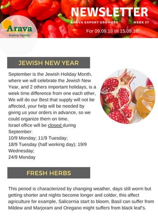ARAVA EXPORT GROWERS               WEEK 37
NEWSLETTER
September is the Jewish Holiday Month,
where we will celebrate the Jewish New
Year, and 2 others important holidays, is a
week time difference from one each other,
We will do our Best that supply will not be
affected, your help will be needed by
giving us your orders in advance, so we
could organize them on time.
Israel office will be closed during
September:
10/9 Monday; 11/9 Tuesday;
18/9 Tuesday (half working day); 19/9
Wednesday;
24/9 Monday
This period is characterized by changing weather, days still worm but
getting shorter and nights become longer and colder, this affect
agriculture for example, Salicornia start to bloom, Basil can suffer from
Mildew and Marjoram and Oregano might suffers from black leaf’s.
FRESH HERBS
For 09.09.18 till 15.09.18
JEWISH NEW YEAR
 