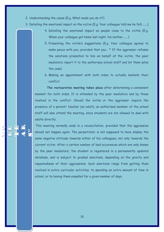 2. Understanding the cause (E.g. What made you do it?)

     3. Detailing the emotional impact on the victim (E.g. Your colleague told me he felt.......)

                   4. Detailing the emotional impact on people close to the victim (E.g.

                      When your colleague got home last night, his mother.......)

                   5. Presenting the victim’s suggestions (E.g. Your colleague agrees to

                      make peace with you, provided that you... * If the aggressor refuses

                      the solutions presented to him on behalf of the victim, the peer

                      mediators report it to the authorises school staff and let them solve

                      the case)

                   6. Making an appointment with both sides to actually mediate their

                      conflict.

                     The restaurative meeting takes place after determining a convenient

            moment for both sides. It is attended by the peer mediators and by those

            involved in the conflict. Should the victim or the aggressor require the

            presence of a parent/ teacher (an adult), an authorised member of the school

            staff will also attend the meeting, since students are not allowed to deal with

            adults directly.

            This meeting normally ends in a reconciliation, provided that the aggression
 AR
MO
MO


 TE
RE
RE



 S”




            should not happen again. The perpetrator is not supposed to have display the

            same negative attitude towards either of his colleagues, not only towards the

            current victim. After a certain number of bad occurences which are only known

            by the peer mediators, the student is registered in a permanently updated

            database, and is subject to gradual sanctions, depending on the gravity and

            repeatedness of their aggressions. Such sanctions range from getting them

            involved in extra curricular activities, to spending an extra amount of time in

            school, or to having them expelled for a given number of days.




                                              12
 