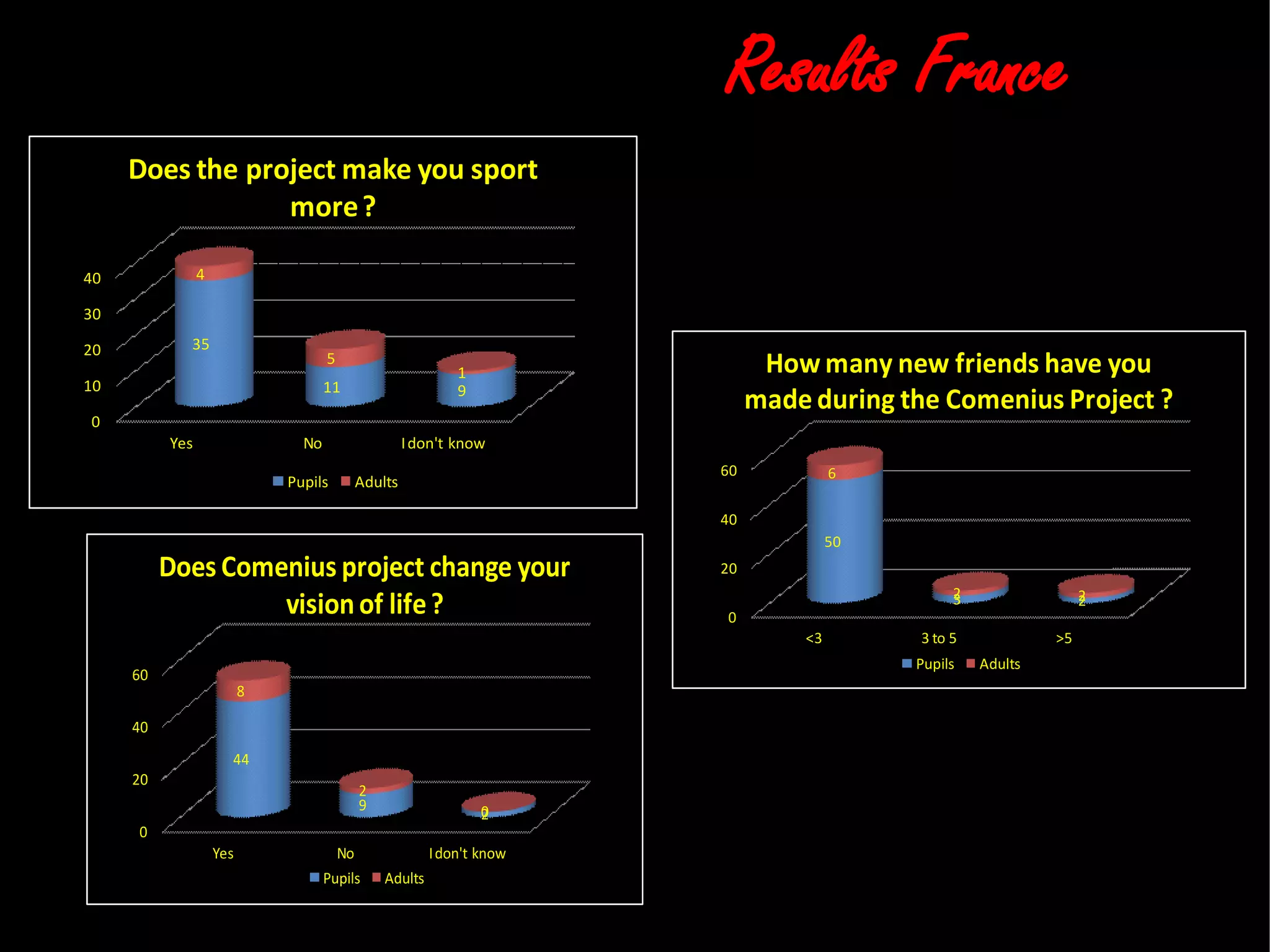 Results FranceResults France
0
10
20
30
40
Yes No Idon't know
35
11 9
4
5
1
Does the project make you sport
more?
Pupils Adults
0
20
40
60
Yes No Idon't know
44
9
2
8
2
0
Does Comenius project change your
visionof life?
Pupils Adults
0
20
40
60
<3 3 to 5 >5
50
3 2
6
2 2
How many new friends have you
made during the Comenius Project ?
Pupils Adults
 
