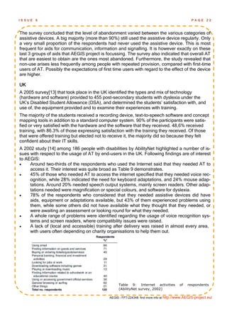 ISSUE   6                                                                                         PAGE      22



The survey concluded that the level of abandonment varied between the various categories of
assistive devices. A big majority (more than 90%) still used the assistive device regularly. Only
a very small proportion of the respondents had never used the assistive device. This is most
frequent for aids for communication, information and signalling. It is however exactly on these
last 3 groups of aids that AEGIS project is focussing. The survey also indicated that overall AT
that are easiest to obtain are the ones most abandoned. Furthermore, the study revealed that
non-use arises less frequently among people with repeated provision, compared with first-time
users of AT. Possibly the expectations of first time users with regard to the effect of the device
are higher.

UK
A 2005 survey[13] that took place in the UK identified the types and mix of technology
(hardware and software) provided to 455 post-secondary students with dyslexia under the
UK‘s Disabled Student Allowance (DSA), and determined the students‘ satisfaction with, and
use of, the equipment provided and to examine their experiences with training.
The majority of the students received a recording device, text-to-speech software and concept
mapping tools in addition to a standard computer system. 90% of the participants were satis-
fied or very satisfied with the hardware and the software that they received. 48,6% received
training, with 86.3% of those expressing satisfaction with the training they received. Of those
that were offered training but elected not to receive it, the majority did so because they felt
confident about their IT skills.
A 2002 study [14] among 186 people with disabilities by AbilityNet highlighted a number of is-
sues with respect to the usage of AT by end-users in the UK. Following findings are of interest
to AEGIS:
    Around two-thirds of the respondents who used the Internet said that they needed AT to
     access it. Their interest was quite broad as Table 9 demonstrates.
    45% of those who needed AT to access the internet specified that they needed voice rec-
     ognition, while 28% indicated the need for keyboard adaptations, and 24% mouse adap-
     tations. Around 20% needed speech output systems, mainly screen readers. Other adap-
     tations needed were magnification or special colours, and software for dyslexia.
    78% of the respondents who considered that they needed assistive devices did have
     aids, equipment or adaptations available, but 43% of them experienced problems using
     them, while some others did not have available what they thought that they needed, or
     were awaiting an assessment or looking round for what they needed.
    A whole range of problems were identified regarding the usage of voice recognition sys-
     tems and screen readers, where compatibility issues were raised.
    A lack of (local and accessible) training after delivery was raised in almost every area,
     with users often depending on charity organisations to help them out.




                                                   Table 9: Internet activities            of   respondents
                                                   (AbilityNet survey, 2002)

                                              AEGIS - FP7-224348: find more info at http://www.AEGIS-project.eu/
 