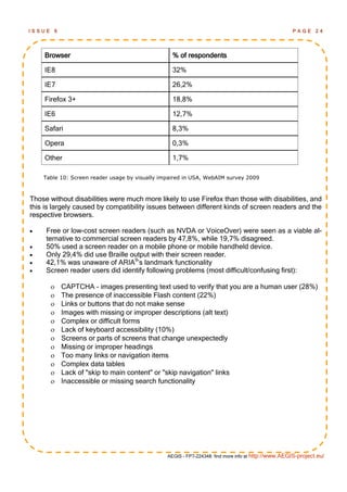 ISSUE   6                                                                                           PAGE      24




    Browser                                       % of respondents

    IE8                                           32%

    IE7                                           26,2%

    Firefox 3+                                    18,8%

    IE6                                           12,7%

    Safari                                        8,3%

    Opera                                         0,3%

    Other                                         1,7%

    Table 10: Screen reader usage by visually impaired in USA, WebAIM survey 2009



Those without disabilities were much more likely to use Firefox than those with disabilities, and
this is largely caused by compatibility issues between different kinds of screen readers and the
respective browsers.

    Free or low-cost screen readers (such as NVDA or VoiceOver) were seen as a viable al-
     ternative to commercial screen readers by 47,8%, while 19,7% disagreed.
    50% used a screen reader on a mobile phone or mobile handheld device.
    Only 29,4% did use Braille output with their screen reader.
    42,1% was unaware of ARIA9‘s landmark functionality
    Screen reader users did identify following problems (most difficult/confusing first):

           CAPTCHA - images presenting text used to verify that you are a human user (28%)
           The presence of inaccessible Flash content (22%)
           Links or buttons that do not make sense
           Images with missing or improper descriptions (alt text)
           Complex or difficult forms
           Lack of keyboard accessibility (10%)
           Screens or parts of screens that change unexpectedly
           Missing or improper headings
           Too many links or navigation items
           Complex data tables
           Lack of "skip to main content" or "skip navigation" links
           Inaccessible or missing search functionality




                                                AEGIS - FP7-224348: find more info at http://www.AEGIS-project.eu/
 
