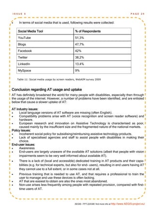 ISSUE    6                                                                                           PAGE      25



    In terms of social media that is used, following results were collected:

    Social Media Tool                            % of Respondents

    YouTube                                      51,3%

    Blogs                                        47,7%

    Facebook                                     42%

    Twitter                                      38,2%

    LinkedIn                                     13,4%

    MySpace                                      9%

    Table 11: Social media usage by screen readers, WebAIM survey 2009



Conclusion regarding AT usage and uptake
AT has definitely broadened the world for many people with disabilities, especially then through
the usage of the internet. However, a number of problems have been identified, and are enlisted
below that cause a slower uptake of AT:

AT industry issues:
    Local language versions of AT software are missing (often English).
    Compatibility problems arise with AT (voice recognition and screen reader software) and
     hardware.
    European research and innovation on Assistive Technology is characterised as poor,
     caused mainly by the insufficient size and the fragmented nature of the national markets.
Policy issues:
    Incoherent social policy for subsidising/reimbursing assistive technology products.
    Lack of specialised agencies and staff to assist people with disabilities in making their
     choice.
End-user issues:
    Awareness
    End-users are largely unaware of the available AT solutions (albeit that people with vision
     impairments seem to be very well informed about available AT).
    There is a lack of (local and accessible) dedicated training in AT products and their capa-
     bilities (e.g. for technical experts, but also for end- users), resulting in end users having AT
     they cannot use to a full extent, or in some cases not at all.
    Previous training that is needed to use AT, and that requires a professional to train the
     user to manage and use these devices is often lacking.
    AT that are easiest to obtain are also the ones most abandoned.
    Non-use arises less frequently among people with repeated provision, compared with first-
     time users of AT.



                                                 AEGIS - FP7-224348: find more info at http://www.AEGIS-project.eu/
 