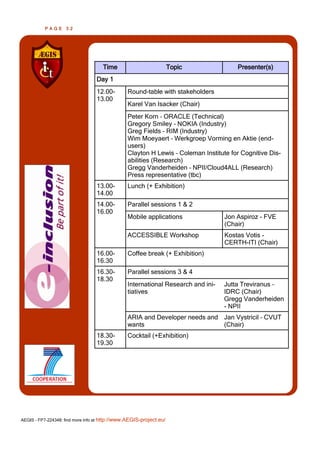 PAGE      32




                                     Time                            Topic            Presenter(s)
                                  Day 1
                                  12.00-        Round-table with stakeholders
                                  13.00
                                                Karel Van Isacker (Chair)
                                                Peter Korn – ORACLE (Technical)
                                                Gregory Smiley – NOKIA (Industry)
                                                Greg Fields – RIM (Industry)
                                                Wim Moeyaert – Werkgroep Vorming en Aktie (end-
                                                users)
                                                Clayton H Lewis – Coleman Institute for Cognitive Dis-
                                                abilities (Research)
                                                Gregg Vanderheiden – NPII/Cloud4ALL (Research)
                                                Press representative (tbc)
                                  13.00-        Lunch (+ Exhibition)
                                  14.00
                                  14.00-        Parallel sessions 1 & 2
                                  16.00
                                                Mobile applications               Jon Aspiroz - FVE
                                                                                  (Chair)
                                                ACCESSIBLE Workshop               Kostas Votis -
                                                                                  CERTH-ITI (Chair)
                                  16.00-        Coffee break (+ Exhibition)
                                  16.30
                                  16.30-        Parallel sessions 3 & 4
                                  18.30
                                                International Research and ini-   Jutta Treviranus –
                                                tiatives                          IDRC (Chair)
                                                                                  Gregg Vanderheiden
                                                                                  - NPII
                                                ARIA and Developer needs and Jan Vystricil – CVUT
                                                wants                        (Chair)
                                  18.30-        Cocktail (+Exhibition)
                                  19.30




AEGIS - FP7-224348: find more info at http://www.AEGIS-project.eu/
 