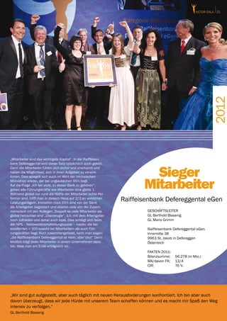 victor GALA 21




                                                                                                            2012
„Mitarbeiter sind das wichtigste Kapital“. In der Raiffeisen-
bank Defereggental wird dieser Satz tatsächlich auch gelebt.


                                                                         Sieger
Denn die Mitarbeiter fühlen sich sicher und anerkannt und
haben die Möglichkeit, sich in ihren Aufgaben zu verwirk-
lichen. Dies spiegelt sich auch im Wert der intrinsischen
Motivation wieder, der bei unglaublichen 95% liegt.
Auf die Frage „Ich bin stolz, zu dieser Bank zu gehören“,
geben alle Führungskräfte wie Mitarbeiter eine glatte 1.
Während global nur rund die Hälfte der Mitarbeiter echte Per-
                                                                       Mitarbeiter
former sind, trifft man in diesem Haus auf 2/3 an wirklichen
Leistungsträgern. Immerhin noch 55% sind von der Bank
                                                                Raiffeisenbank Defereggental eGen
als Arbeitgeber begeistert und ebenso viele von der Zusam-
menarbeit mit den Kollegen. Doppelt so viele Mitarbeiter als            GESCHÄFTSLEITER
global betrachtet sind „Überzeugte“, d.h. mit dem Arbeitgeber           GL Berthold Blassnig
hoch zufrieden und daher auch loyal. Dies schlägt sich beim             GL Mario Grimm
der NPS - Nettoweiterempfehlungsquote – nieder, die bei
exzellenten + 100 sowohl bei Mitarbeitern als auch Füh-                 Raiffeisenbank Defereggental eGen
rungskräften liegt. Kurz zusammengefasst, kann man sagen:               Innerrotte 38
„die Raiffeisenbank Defereggental ist klein, aber oho!“ Denn            9963 St. Jakob in Defereggen
letztlich trägt jeder Mitarbeiter in einem Unternehmen dazu             Österreich
bei, dass man am Ende erfolgreich ist.
                                                                        FAKTEN 2011:
                                                                        Bilanzsumme:	 56.278 (in Mio.)
                                                                        MA/davon FK:	 13/4
                                                                        CIR:		        76 %




„Wir sind gut aufgestellt, aber auch täglich mit neuen Herausforderungen konfrontiert. Ich bin aber auch
davon überzeugt, dass wir jede Hürde mit unserem Team schaffen können und es macht mir Spaß den Weg
intensiv zu verfolgen.“
GL Berthold Blassnig
 