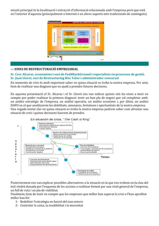 missió principal és la localització i extracció d'informació relacionada amb l'empresa però que està
en l'exterior d'aquesta (principalment a Internet o en altres suports més tradicionals de continguts).




  EINES DE RESTRUCTURACIÓ EMPRESARIAL
Sr. Cesc Alcaraz, economista i soci de FeddBackGround i especialista en processos de gestió.
Sr. Juan Lloret, soci de Restructuring Risc Valor i administrador concursal
En moments de crisi és molt important saber en quina situació es troba la nostra empresa. Per això,
hem de realitzar una diagnosi que en ajudi a prendre futures decisions.

En aquesta presentació el Sr. Alcaraz i el Sr. Lloret ens van indicar quines són les eines a tenir en
compte per poder realitzar la primera diagnosi: tenir un bon pla de negoci que cal completar amb:
un an{lisi estratègic de l’empresa, un an{lisi operatiu, un an{lisi econòmic i, per últim, un an{lisi
DAFO en el que analitzarem les debilitats, amenaces, fortaleses i oportunitats de la nostra empresa.
Una vegada tenint clar en quina situació es troba la nostra empresa podrem saber com afrontar una
situació de crisi i quines decisions haurem de prendre.




Posteriorment ens van explicar possibles alternatives a la situació en la que ens trobem on la clau del
èxit vindr{ donada per l’esquema de les accions a realitzar format per una visió general de l’empresa,
un full de ruta i un pla de viabilitat.
Finalment, hem de tenir en compte que les empreses que millor han superat la crisi o l’han aprofitat
millor han fet:
    1- Redefinir l’estratègia en funció del nou entorn
    2- Controlar la caixa, la rendibilitat i la morositat
 
