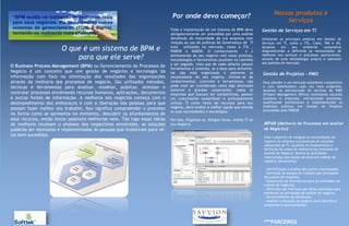 Nossos produtos e
 “BPM auxilia na realização de melhorias reais                                 Por onde devo começar?
 para seus negócios. Ele complementa outros                                                                                                     Serviços
 sistemas de gerenciamento (TQM, 6 Sigma),                                    Toda a implantação de um sistema de BPM deve           Gestão de Serviços em TI
 tornando-os realmente mais eficientes”                                       obrigatoriamente ser precedida por uma análise
                                                                              detalhada da maturidade da sua empresa com             Utilizando as principais práticas em Gestão de
                                                                              relação ao uso de práticas de Governança de TI         Serviços em TI, como a ITIL, Cobit, PMI e AN,
                        O que é um sistema de BPM e
                            April, 01/2009
                                                                              mais utilizadas no mercado, como a ITIL ,
                                                                              PMBOK e BABOK. O conhecimento                    e o
                                                                                                                                     atuamos     em    seu    ambiente    corporativo
                                                                                                                                     diagnosticando e definindo as necessidades de

                            para que ele serve?                               alinhamento do seu negócio com essas praticas,
                                                                              metodologias e ferramentas auxiliam no caminho
                                                                                                                                     melhoria nos serviços e processos operacionais,
                                                                                                                                     através de uma metodologia própria e aderente
                                                                              a ser seguido, visto que de nada adianta possuir       aos padrões de mercado.
O Business Process Management (BPM) ou Gerenciamento de Processos de
                                                                              ferramentas e sistemas, se a base para alimentá-
Negócio é um conceito que une gestão de negócios e tecnologia da              las não está organizada e aderente as                  Gestão de Projetos - PMO
informação com foco na otimização dos resultados das organizações             necessidades do seu negócio. Utilizar-se de
através da melhoria dos processos de negócio. São utilizados métodos,         conhecimentos, controles e ferramentas, não            Para atender a um mercado altamente competitivo
técnicas e ferramentas para analisar, modelar, publicar, otimizar e           pode mais ser considerado como algo destinado          e com stakeholders cada vez mais exigentes,
                                                                              somente a grandes corporações, todas as                atuamos na estruturação de serviços de PMO
controlar processos envolvendo recursos humanos, aplicações, documentos       empresas que buscam ser competitivas, possuir          (Project Management Office) otimizando recursos
e outras fontes de informação. A melhoria nos negócios começa com o                       ipsam voluptatem quia voluptas 09001
                                                                              um crescimento sustentável e principalmente            humanos e materiais, estruturando processos,
desimpedimento dos embaraços04/2009
                            April,
                                   e com a liberação das pessoas para que     utilizar TI como fonte de recursos para seu            qualificando profissionais e implementando as
                                                                              negócio, deve avaliar a melhor opção que atenda        melhores práticas em Gestão de Projetos
possam fazer melhor seu trabalho. Isso significa compreender o processo                                                              precedidas pelo PMBOK.
                                                                              as suas necessidades e estratégias.
na forma como se apresenta no momento, descobrir os afunilamentos de
seus recursos, então testar possíveis melhorias nele. Tão logo essas idéias   Por isso, Organize-se, Mitigue riscos, Alinhe TI ao
de melhoria recebam o endosso dos respectivos envolvidos, as soluções         seu Negócio.                                            MPAN (Melhoria de Processos em Análise
poderão ser montadas e implementadas às pessoas que investiram para vê-                                                               de Negócios)
las bem-sucedidas.                                                                                                                    Com o objetivo de integrar as necessidades do
                                                                                                                                      negócio da empresa à proposição de soluções
                                                                                                                                      adequadas de TI, atuamos no mapeamento e
                                                                                                                                      definição do plano de melhoria nos processos de
                                                                                                                                      Análise de Negócio. Dentre as atividades
                                                                                                                                      relacionadas aos nossos serviços em análise de
                                                                                                                                      negócio, destacamos:

                                                                                                                                      - Identificação e análise das partes interessadas;
                                                                                                                                      - Definição do escopo de trabalho das atividades
                                                                                                                                      de análise de negócios;
                                                                                                                                      - Elaboração de estimativas para as atividades de
                                                                                                                                      análise de negócios;
                                                                                                                                      - Definição das métricas que serão utilizadas para
                                                                                                                                      monitorar as atividades de análise de negócio;
                                                                                                                                      - Gerenciamento de Mudanças;
                                                                                                                                      - Analisar a situação do negócio para identificar
                                                                                                                                      problemas e oportunidades;




                                                                                                                                      ***PARCEIROS
 