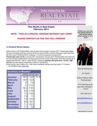 Sales activity in the Portland Metro area showed mixed results in January 2011. Closed sales began
the year at a higher level than January 2010 and January 2009. Inventory also saw a lower level than
the first month of 2009 and 2010, dropping 1.3 months compared to January 2010.
Closed sales were up 5% in January 2011 compared to January 2010. Pending sales were down 3%,
and new listings dropped 20.5%. Comparing the previous month of December 2010 with January 2011,
closed sales fell from 1,462 to 1,035 (-29.2%). However, pending sales grew from 1,210 to 1,489
(23.1%), and new listings jumped from 1,925 to 3,128 (62.5%).
At the month’s rate of sales, the 11,697 active residential listings would last about 11.3 months.
.... for full RMLS report click here.
                                                                                                       John & Melody Hatch

                                                                                                             & Angela

                                                                                                       Keller Williams Realty
                                                                                                            Professionals

                                                                                                        9755 SW Barnes Rd
                                                                                                       suite 560, Portland OR
                                                                                                                97225

                                                                                                           503-748-8310

                                                                                                       john@hatchhomes.com

                                                                                                       www.HatchHomes.com
 