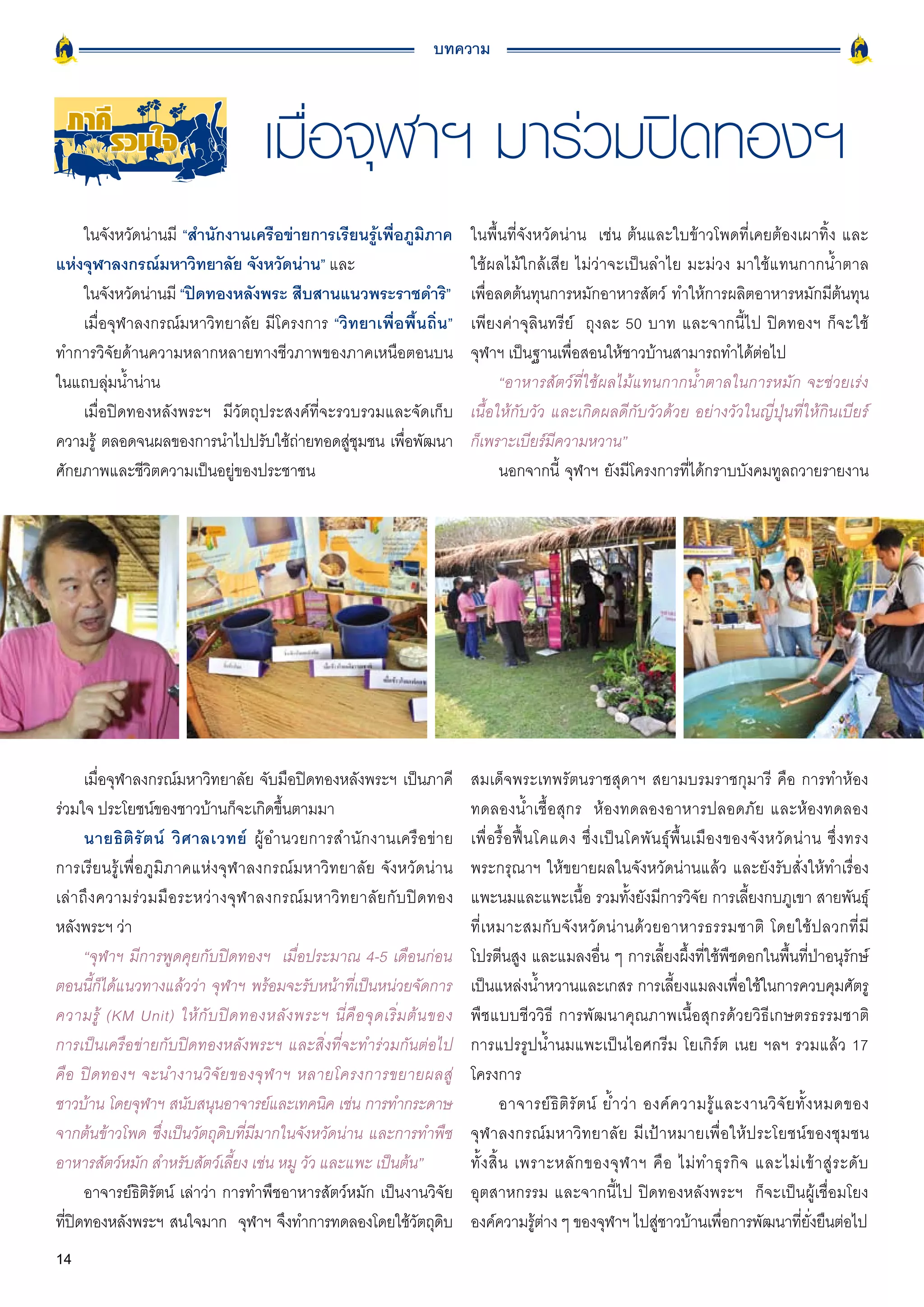 บทความ


  ภาคี
     รวมใจ                              เมื่อจุฬาฯ มาร่วมปิดทองฯ
    ในจังหวัดน่านมี “สำนักงานเครือข่ายการเรียนรู้เพื่อภูมิภาค                   ในพื้นที่จังหวัดน่าน เช่น ต้นและใบข้าวโพดที่เคยต้องเผาทิ้ง และ
แห่งจุฬาลงกรณ์มหาวิทยาลัย จังหวัดน่าน” และ                                      ใช้ผลไม้ใกล้เสีย ไม่ว่าจะเป็นลำไย มะม่วง มาใช้แทนกากน้ำตาล
    ในจังหวัดน่านมี “ปิดทองหลังพระ สืบสานแนวพระราชดำริ”                         เพื่อลดต้นทุนการหมักอาหารสัตว์ ทำให้การผลิตอาหารหมักมีต้นทุน
    เมื่อจุฬาลงกรณ์มหาวิทยาลัย มีโครงการ “วิทยาเพื่อพื้นถิ่น”                   เพียงค่าจุลินทรีย์ ถุงละ 50 บาท และจากนี้ไป ปิดทองฯ ก็จะใช้
ทำการวิจัยด้านความหลากหลายทางชีวภาพของภาคเหนือตอนบน                             จุฬาฯ เป็นฐานเพื่อสอนให้ชาวบ้านสามารถทำได้ต่อไป
ในแถบลุ่มน้ำน่าน                                                                      “อาหารสัตว์ที่ใช้ผลไม้แทนกากน้ำตาลในการหมัก จะช่วยเร่ง
    เมื่อปิดทองหลังพระฯ มีวัตถุประสงค์ที่จะรวบรวมและจัดเก็บ                     เนื้อให้กับวัว และเกิดผลดีกับวัวด้วย อย่างวัวในญี่ปุ่นที่ให้กินเบียร์
ความรู้ ตลอดจนผลของการนำไปปรับใช้ถายทอดสูชมชน เพือพัฒนา
                                     ่       ุ่       ่                         ก็เพราะเบียร์มีความหวาน”
ศักยภาพและชีวิตความเป็นอยู่ของประชาชน                                                 นอกจากนี้ จุฬาฯ ยังมีโครงการที่ได้กราบบังคมทูลถวายรายงาน




       เมื่อจุฬาลงกรณ์มหาวิทยาลัย จับมือปิดทองหลังพระฯ เป็นภาคี                 สมเด็จพระเทพรัตนราชสุดาฯ สยามบรมราชกุมารี คือ การทำห้อง
ร่วมใจ ประโยชน์ของชาวบ้านก็จะเกิดขึ้นตามมา                                      ทดลองน้ำเชื้อสุกร ห้องทดลองอาหารปลอดภัย และห้องทดลอง
       นายธิ ติ รั ต น์ วิ ศ าลเวทย์ ผู้อำนวยการสำนักงานเครื อ ข่ า ย           เพื่ อ รื้ อ ฟื้ น โคแดง ซึ่ ง เป็ น โคพั น ธุ์ พื้ น เมื อ งของจั ง หวั ด น่ า น ซึ่ ง ทรง
การเรียนรู้เพื่อภูมิภาคแห่งจุฬาลงกรณ์มหาวิทยาลัย จังหวัดน่าน                    พระกรุณาฯ ให้ขยายผลในจังหวัดน่านแล้ว และยังรับสั่งให้ทำเรื่อง
เล่ า ถึ ง ความร่ ว มมื อ ระหว่ า งจุ ฬ าลงกรณ์ ม หาวิ ท ยาลั ย กั บ ปิ ด ทอง   แพะนมและแพะเนื้อ รวมทั้งยังมีการวิจัย การเลี้ยงกบภูเขา สายพันธุ์
หลังพระฯ ว่า                                                                    ที่ เ หมาะสมกั บ จั ง หวั ด น่ า นด้ ว ยอาหารธรรมชาติ โดยใช้ ป ลวกที่ มี
       “จุฬาฯ มีการพูดคุยกับปิดทองฯ เมื่อประมาณ 4-5 เดือนก่อน                   โปรตีนสูง และแมลงอื่น ๆ การเลี้ยงผึ้งที่ใช้พืชดอกในพื้นที่ป่าอนุรักษ์
ตอนนี้ก็ได้แนวทางแล้วว่า จุฬาฯ พร้อมจะรับหน้าที่เป็นหน่วยจัดการ                 เป็นแหล่งน้ำหวานและเกสร การเลี้ยงแมลงเพื่อใช้ในการควบคุมศัตรู
ความรู้ (KM Unit) ให้ กั บ ปิ ด ทองหลั ง พระฯ นี่ คื อ จุ ด เริ่ ม ต้ น ของ     พืชแบบชีววิธี การพัฒนาคุณภาพเนื้อสุกรด้วยวิธีเกษตรธรรมชาติ
การเป็นเครือข่ายกับปิดทองหลังพระฯ และสิ่งที่จะทำร่วมกันต่อไป                    การแปรรูปน้ำนมแพะเป็นไอศกรีม โยเกิร์ต เนย ฯลฯ รวมแล้ว 17
คื อ ปิ ด ทองฯ จะนำงานวิจัยของจุฬาฯ หลายโครงการขยายผลสู่                        โครงการ
ชาวบ้าน โดยจุฬาฯ สนับสนุนอาจารย์และเทคนิค เช่น การทำกระดาษ                                อาจารย์ ธิ ติ รั ต น์ ย้ ำ ว่ า องค์ ค วามรู้ แ ละงานวิ จั ย ทั้ ง หมดของ
จากต้นข้าวโพด ซึ่งเป็นวัตถุดิบที่มีมากในจังหวัดน่าน และการทำพืช                 จุฬาลงกรณ์มหาวิทยาลัย มีเป้าหมายเพื่อให้ประโยชน์ของชุมชน
อาหารสัตว์หมัก สำหรับสัตว์เลี้ยง เช่น หมู วัว และแพะ เป็นต้น”                   ทั้ ง สิ้ น เพราะหลั ก ของจุ ฬ าฯ คื อ ไม่ ท ำธุ ร กิ จ และไม่ เ ข้ า สู่ ร ะดั บ
       อาจารย์ธิติรัตน์ เล่าว่า การทำพืชอาหารสัตว์หมัก เป็นงานวิจัย             อุตสาหกรรม และจากนี้ไป ปิดทองหลังพระฯ ก็จะเป็นผู้เชื่อมโยง
ทีปดทองหลังพระฯ สนใจมาก จุฬาฯ จึงทำการทดลองโดยใช้วตถุดบ
  ่ ิ                                                                   ั ิ     องค์ความรูตาง ๆ ของจุฬาฯ ไปสูชาวบ้านเพือการพัฒนาทียงยืนต่อไป
                                                                                                   ้ ่                      ่                ่              ่ ั่
14
 