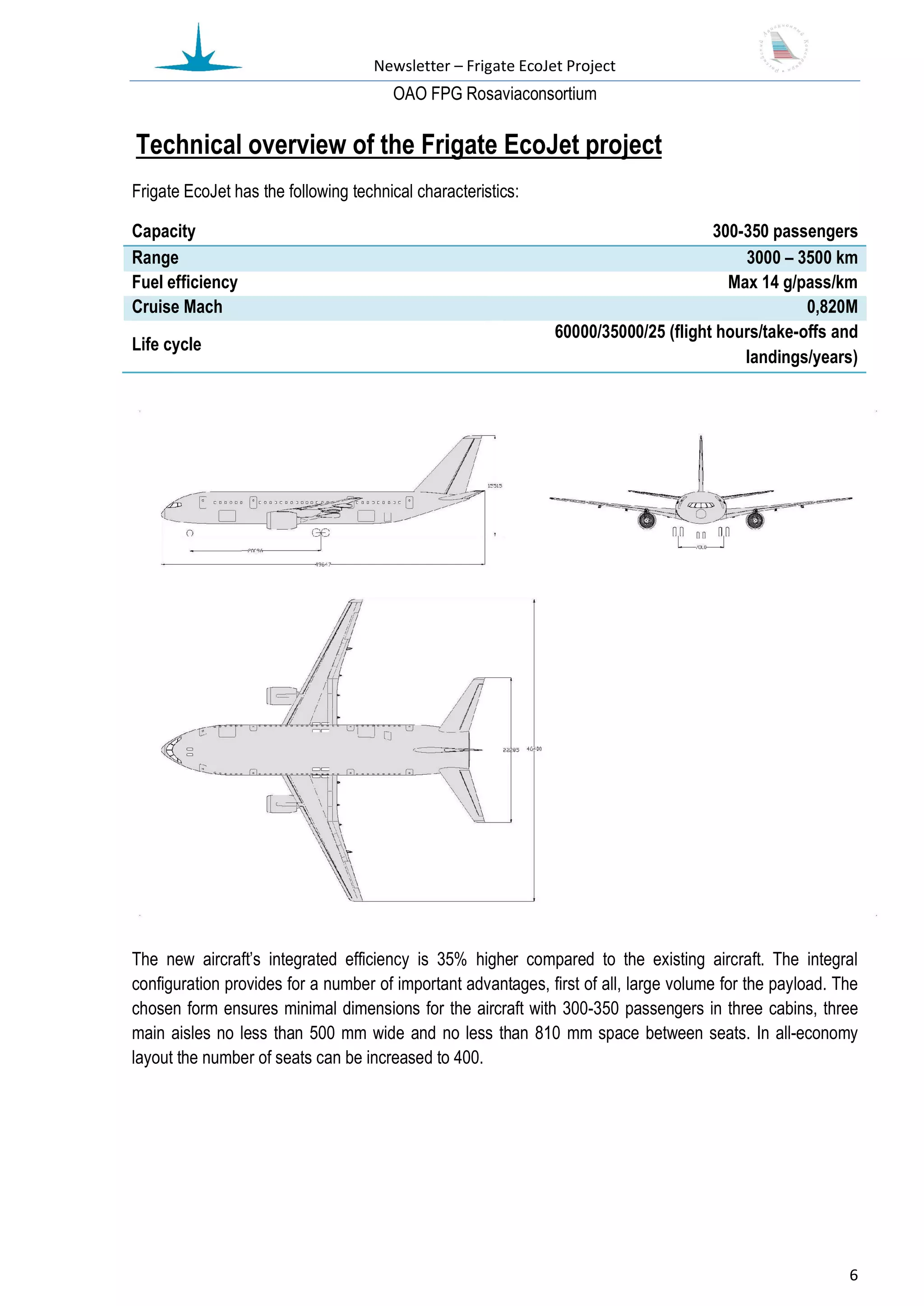 Newsletter – Frigate EcoJet Project
                                       ОАО FPG Rosaviaconsortium

Technical overview of the Frigate EcoJet project
Frigate EcoJet has the following technical characteristics:

Capacity                                                                            300-350 passengers
Range                                                                                   3000 – 3500 km
Fuel efficiency                                                                       Max 14 g/pass/km
Cruise Mach                                                                                      0,820M
                                                              60000/35000/25 (flight hours/take-offs and
Life cycle
                                                                                        landings/years)




The new aircraft’s integrated efficiency is 35% higher compared to the existing aircraft. The integral
configuration provides for a number of important advantages, first of all, large volume for the payload. The
chosen form ensures minimal dimensions for the aircraft with 300-350 passengers in three cabins, three
main aisles no less than 500 mm wide and no less than 810 mm space between seats. In all-economy
layout the number of seats can be increased to 400.




                                                                                                          6
 