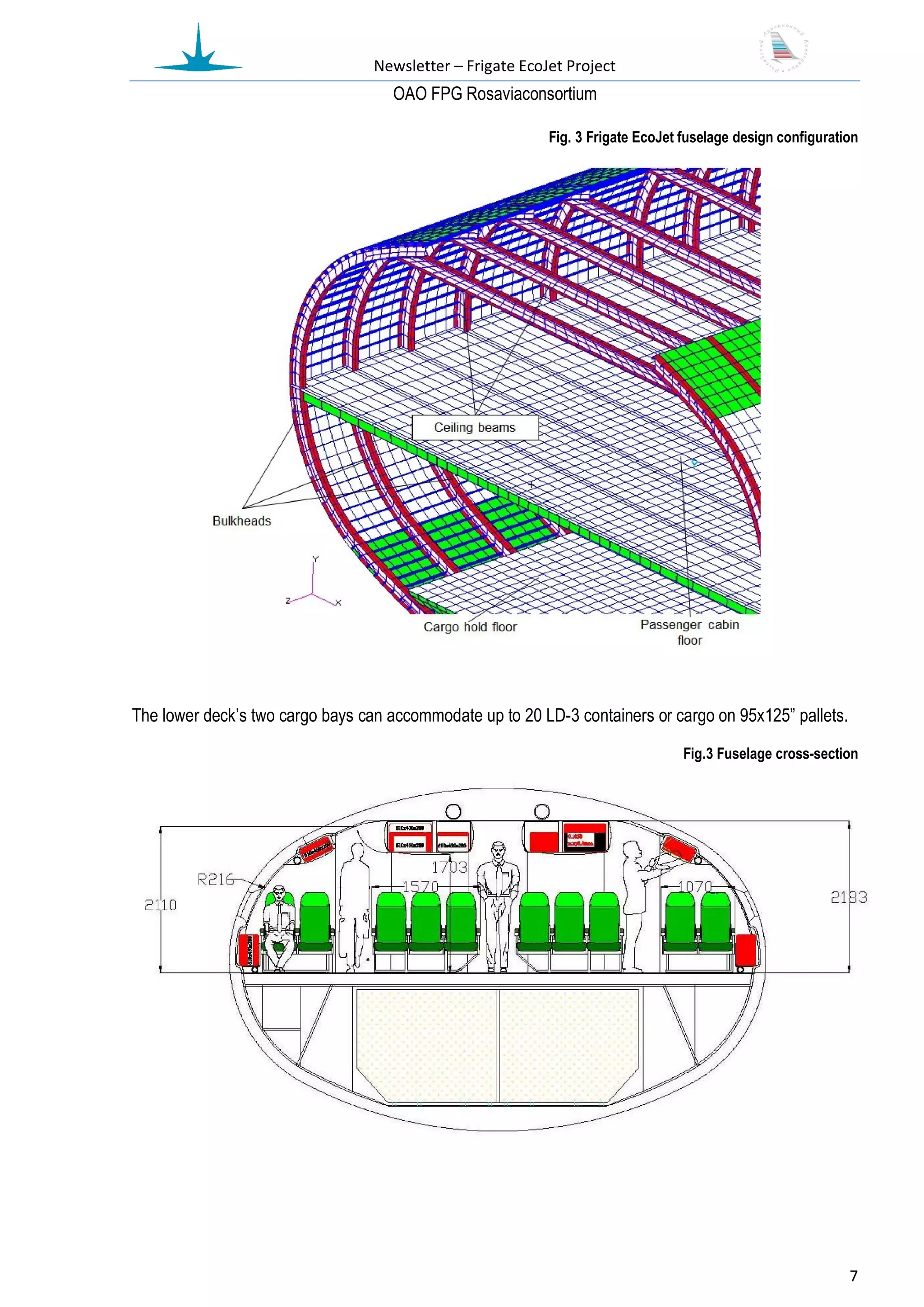 Newsletter – Frigate EcoJet Project
                                    ОАО FPG Rosaviaconsortium

                                                           Fig. 3 Frigate EcoJet fuselage design configuration




The lower deck’s two cargo bays can accommodate up to 20 LD-3 containers or cargo on 95x125” pallets.
                                                                                 Fig.3 Fuselage cross-section




                                                                                                            7
 